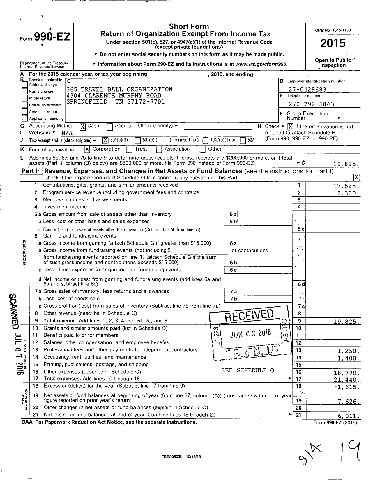 Image of first page of 2015 Form 990EZ for Old Hickory Travel Ball Organization