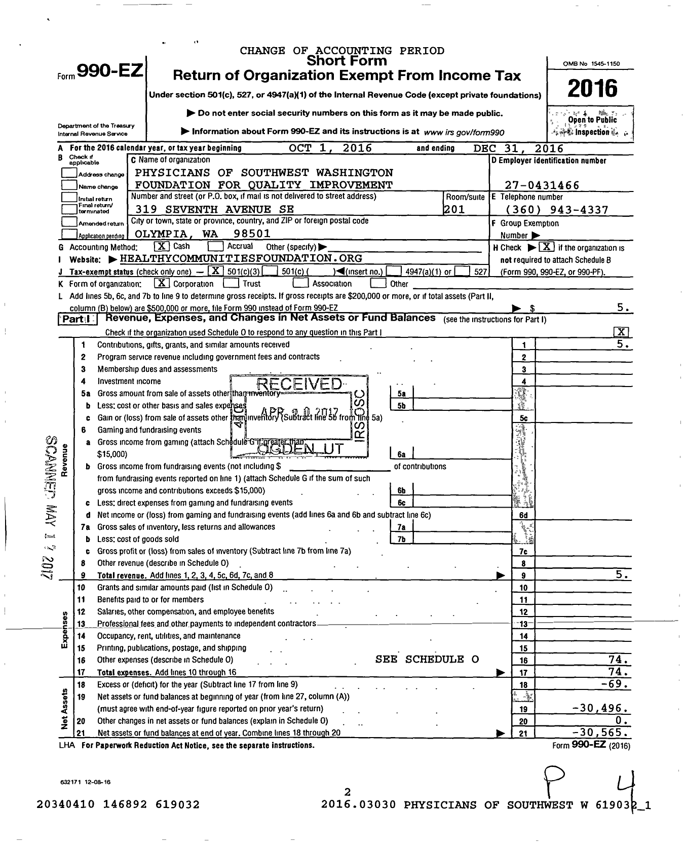 Image of first page of 2016 Form 990EZ for Physicians of Southwest Washington Foundation for Quality Improvement