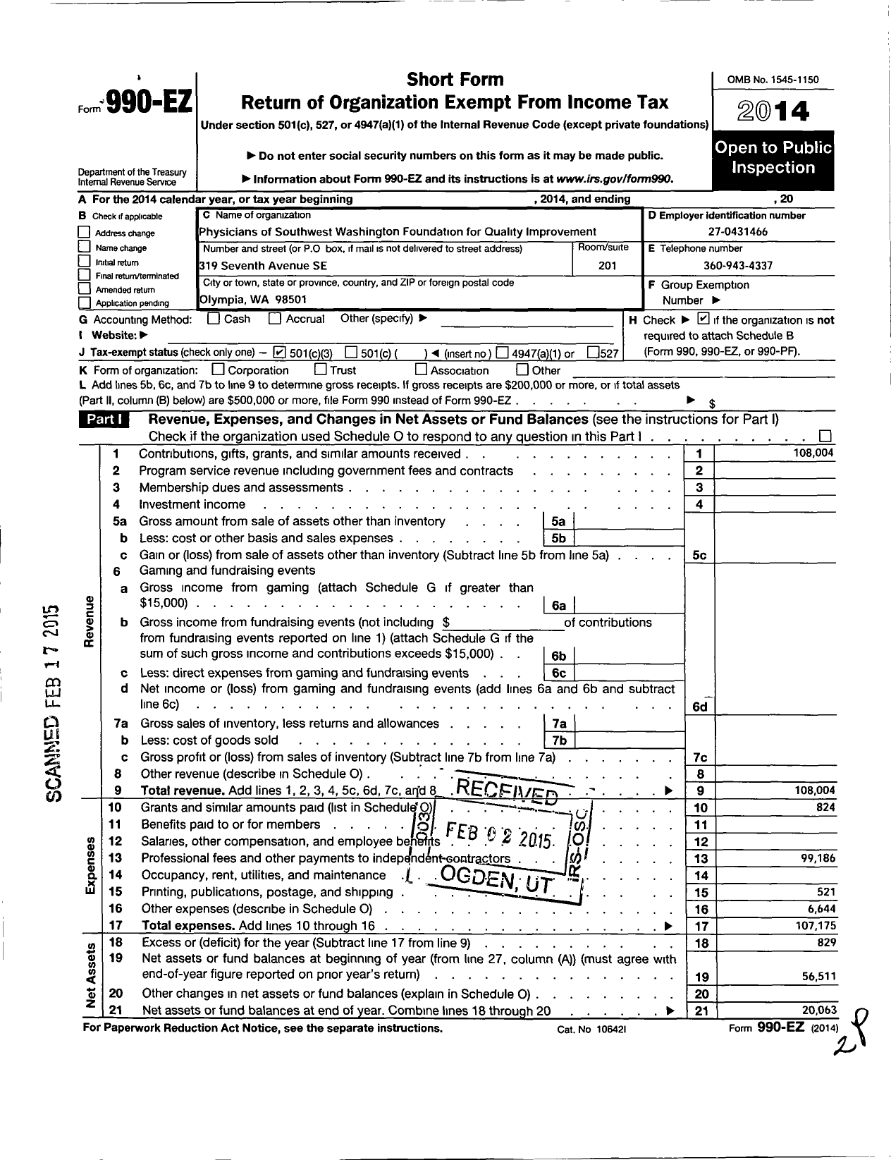 Image of first page of 2014 Form 990EZ for Physicians of Southwest Washington Foundation for Quality Improvement