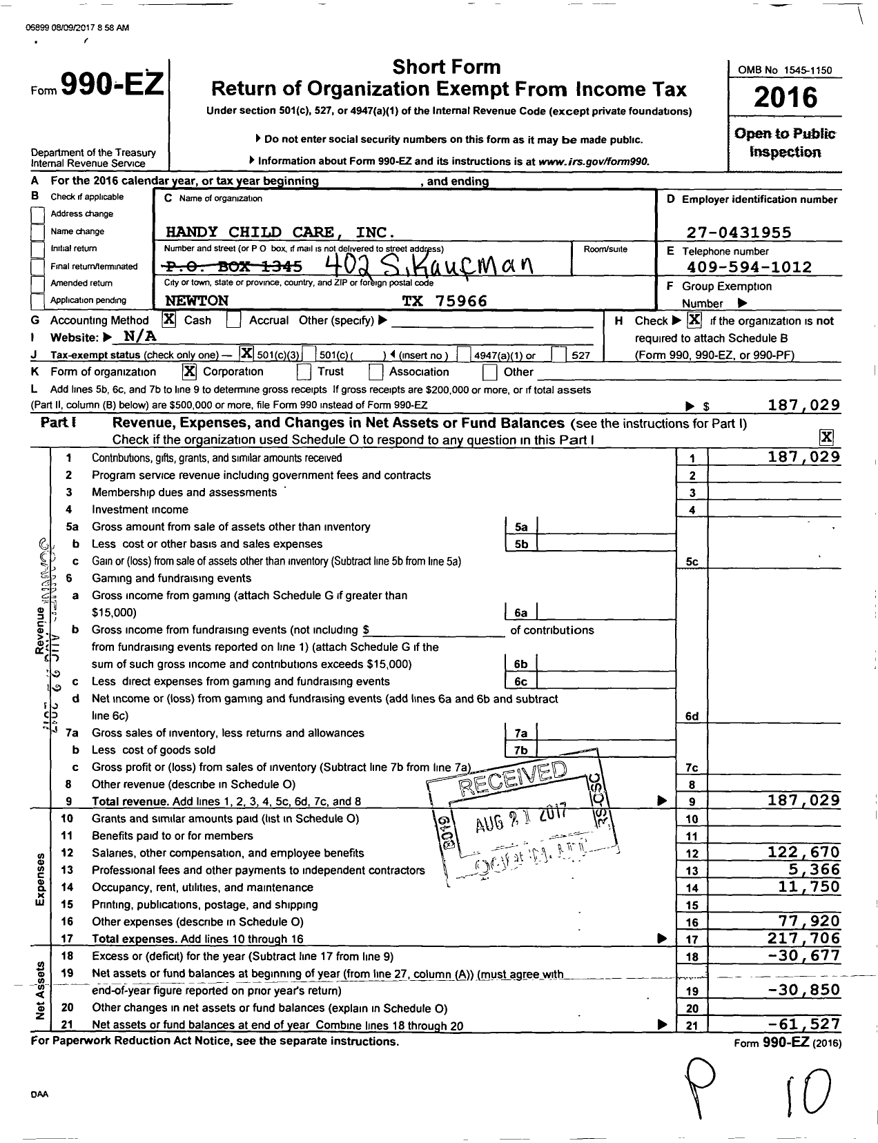 Image of first page of 2016 Form 990EZ for Handy Child Care