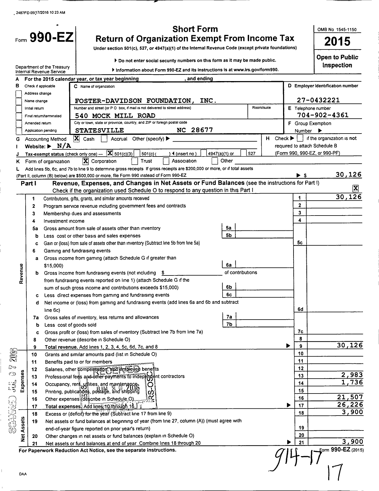 Image of first page of 2015 Form 990EZ for Foster-Davidson Foundation