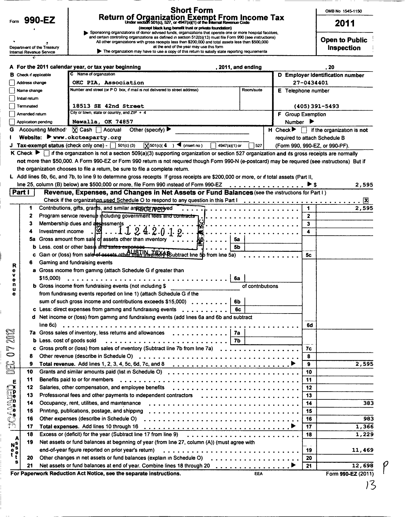 Image of first page of 2011 Form 990EO for Okc Pia Association