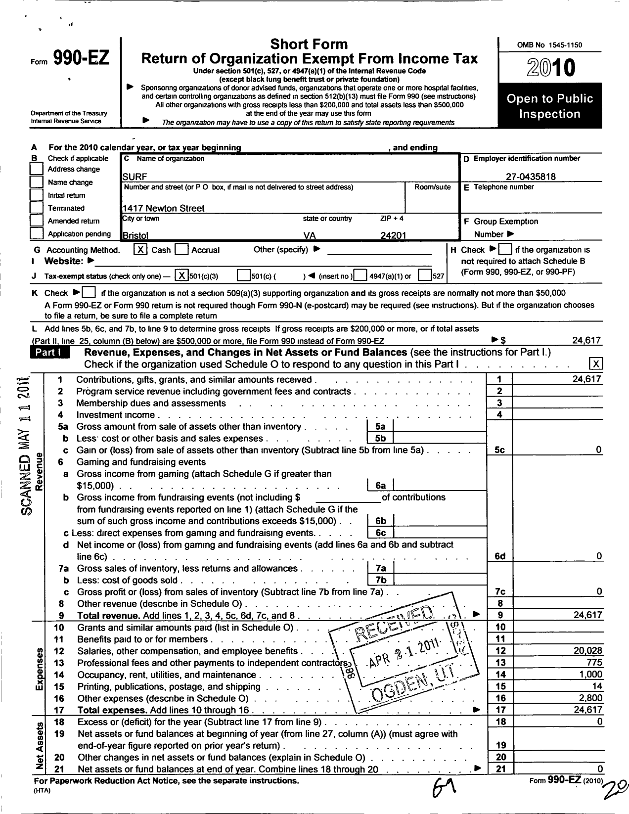 Image of first page of 2010 Form 990EZ for Surf