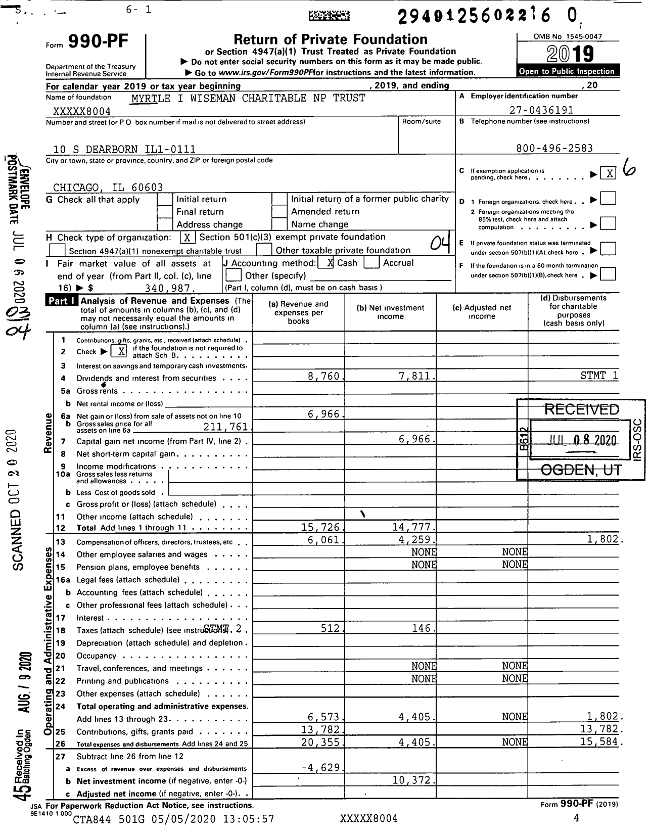 Image of first page of 2019 Form 990PR for Myrtle I Wiseman Charitable NP Trust