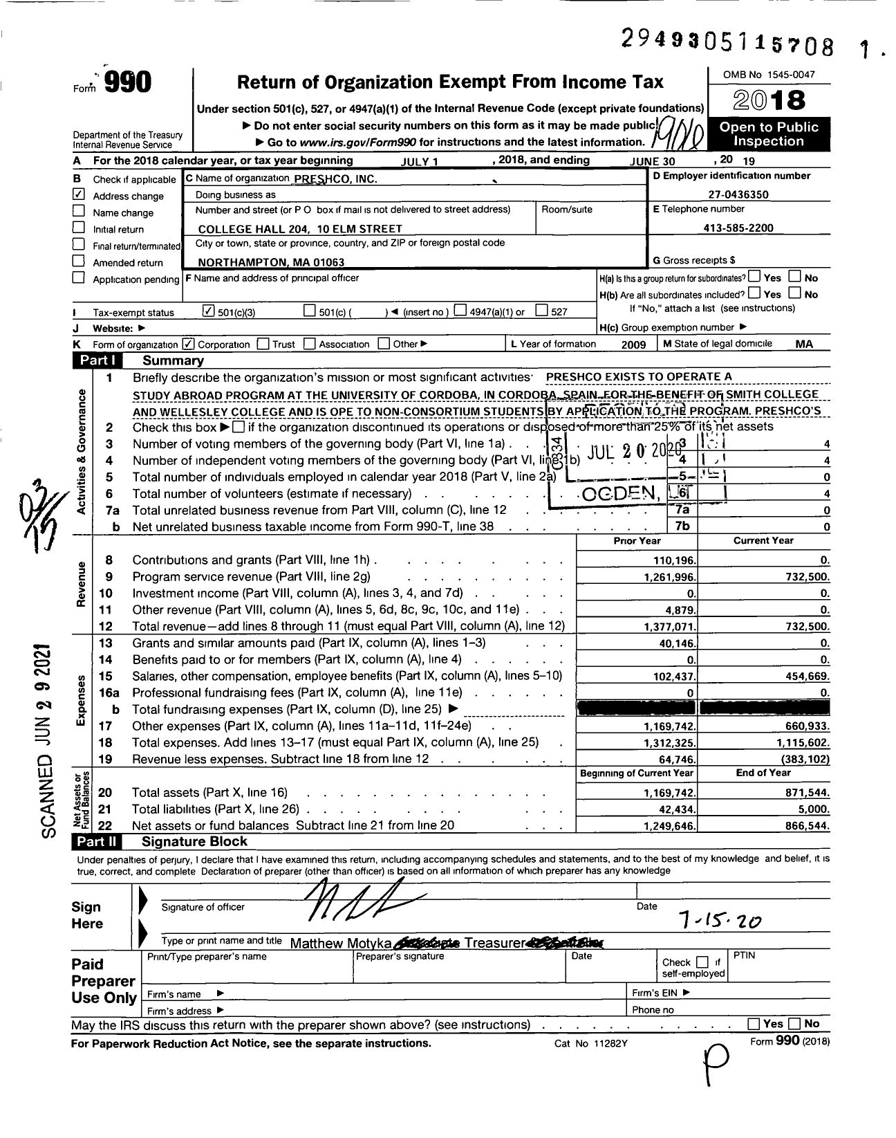 Image of first page of 2018 Form 990 for Preshco