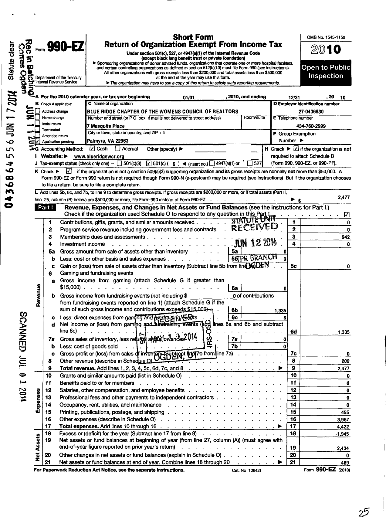 Image of first page of 2010 Form 990EO for Womens Council of Realtors Blue Ridge