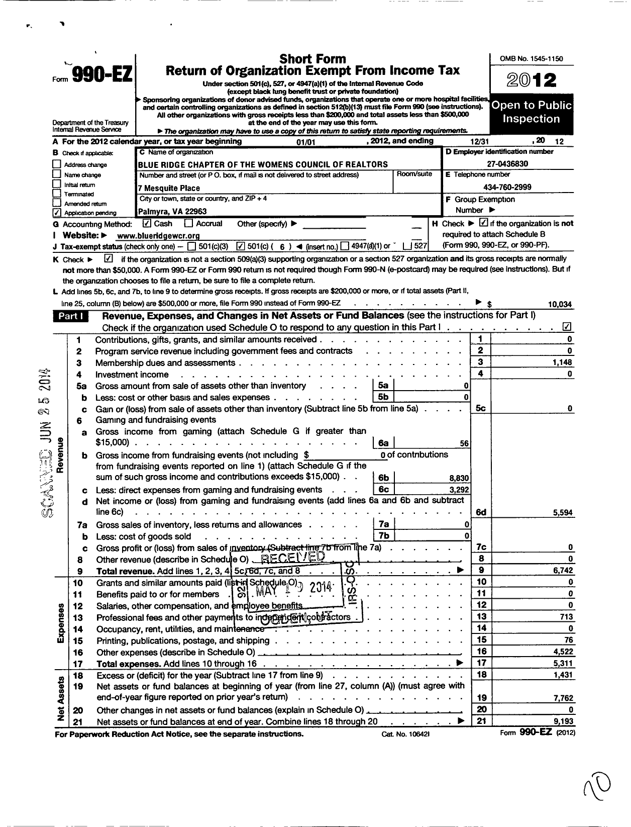 Image of first page of 2012 Form 990EO for Womens Council of Realtors Blue Ridge