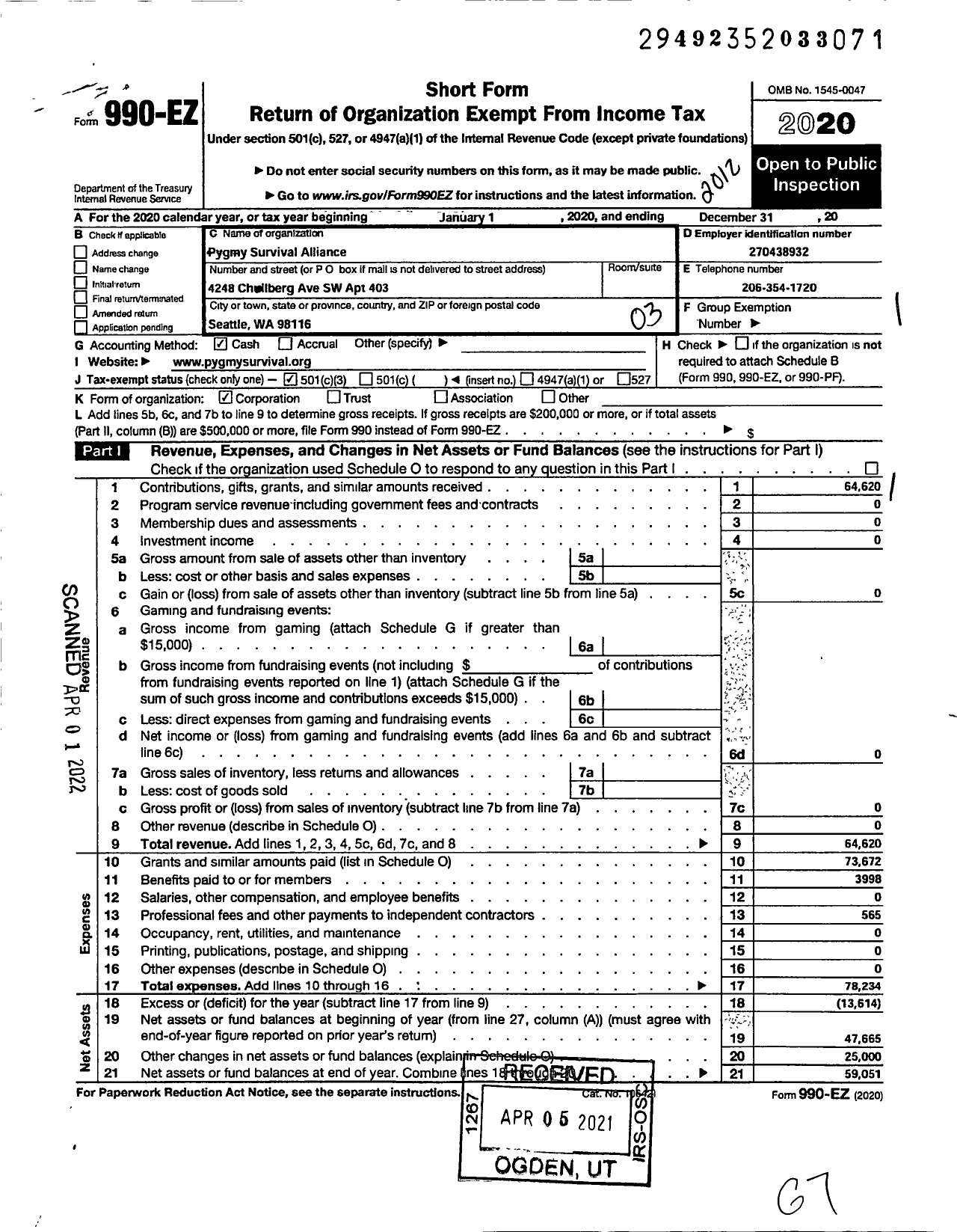 Image of first page of 2020 Form 990EZ for Pygmy Survival Alliance