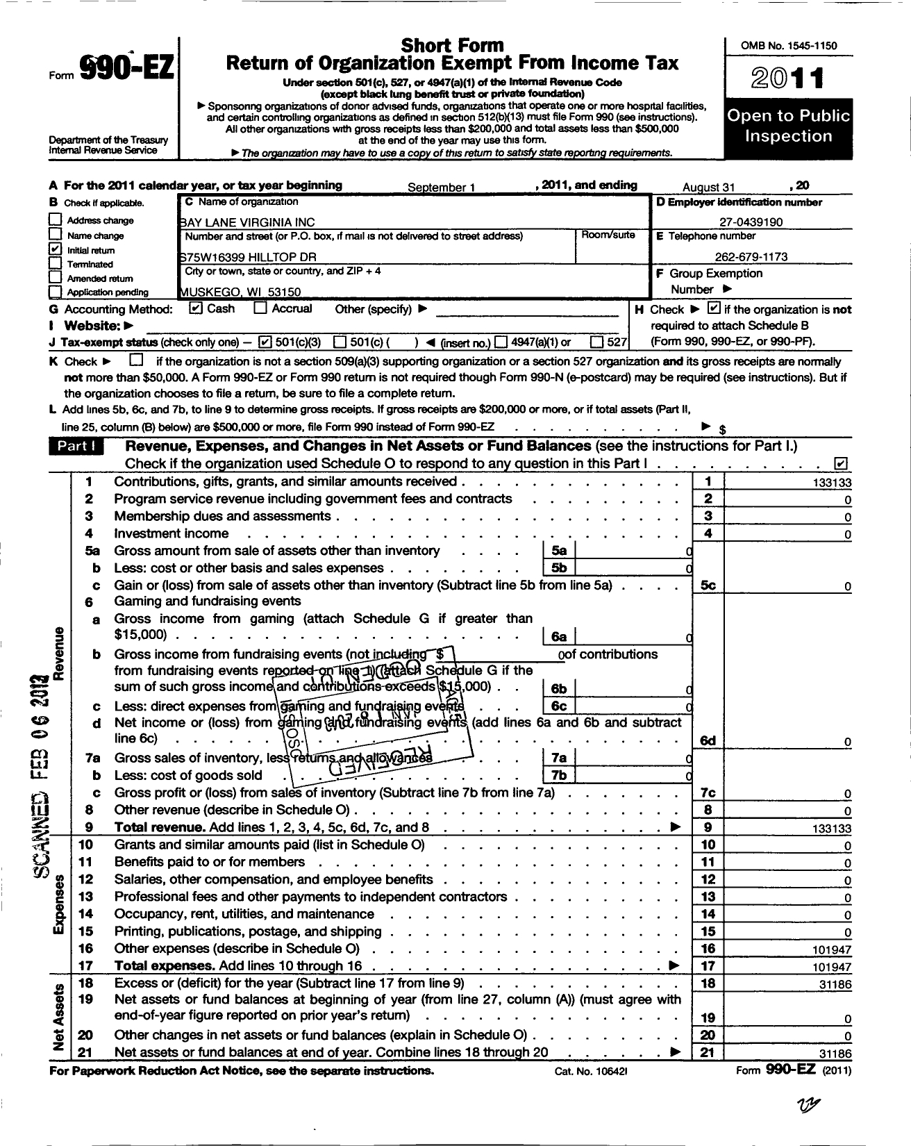 Image of first page of 2010 Form 990EZ for Bay Lane Virginia