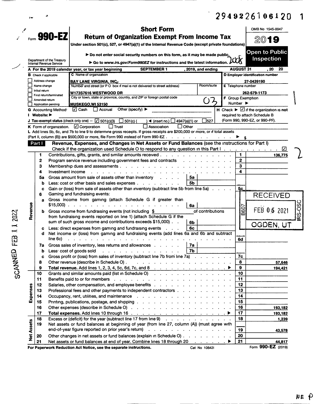 Image of first page of 2019 Form 990EZ for Bay Lane Virginia