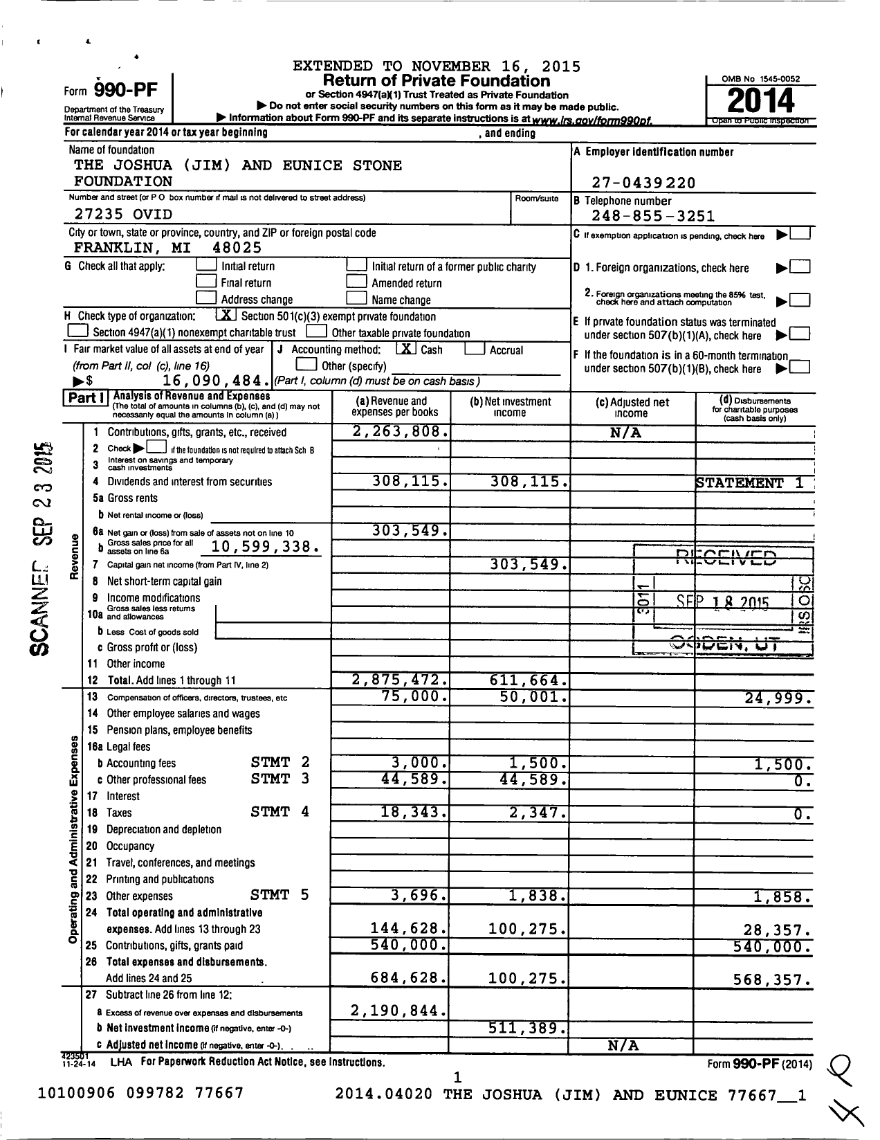 Image of first page of 2014 Form 990PF for The Stone Foundation of Michigan