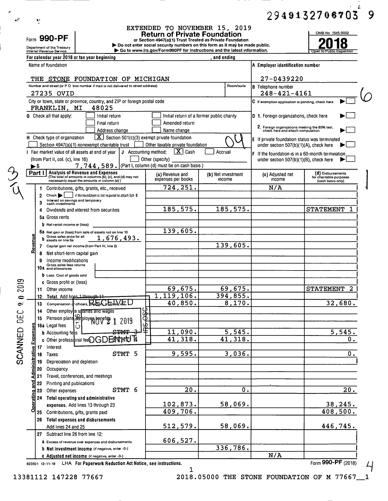 Image of first page of 2018 Form 990PF for The Stone Foundation of Michigan