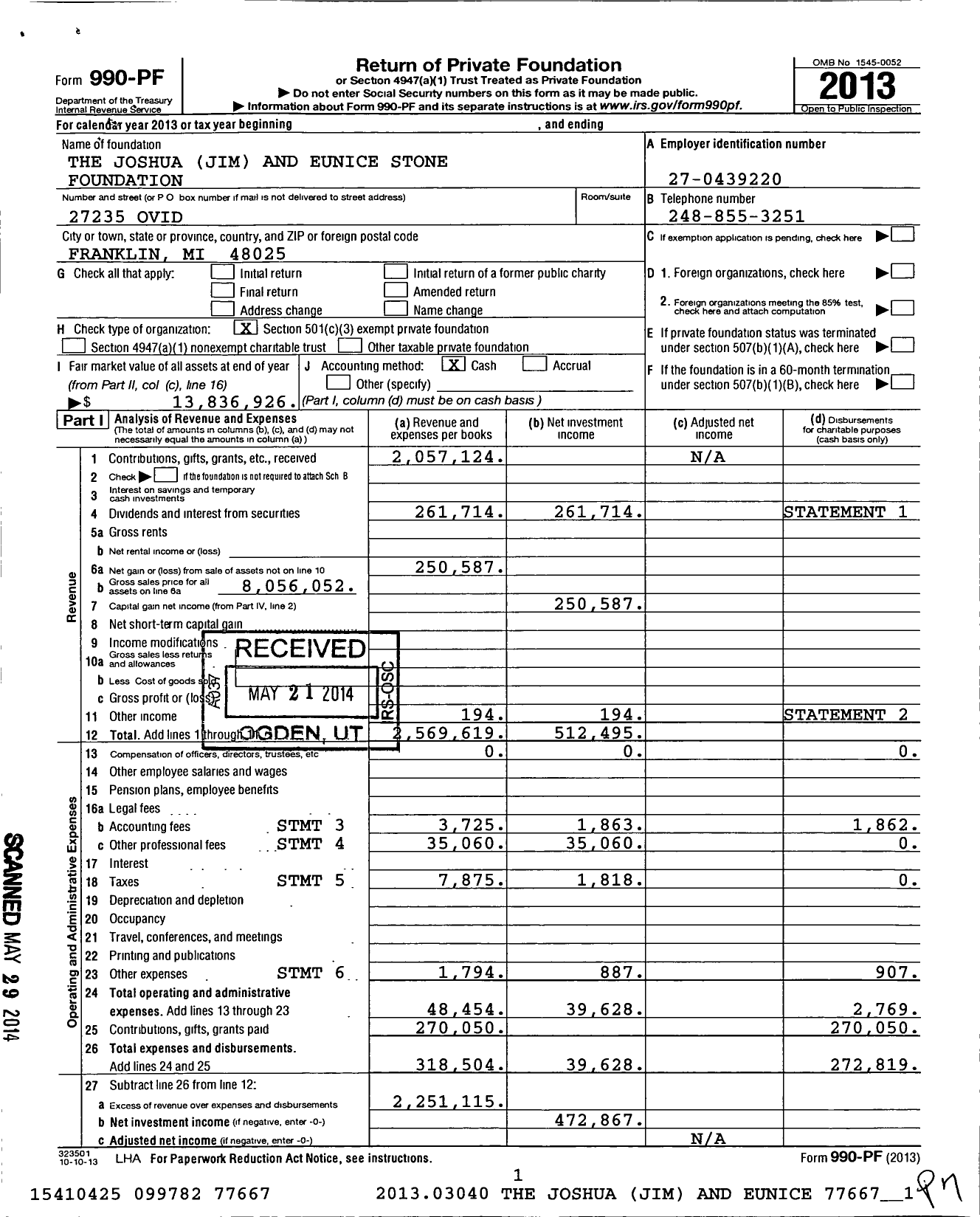 Image of first page of 2013 Form 990PF for The Stone Foundation of Michigan
