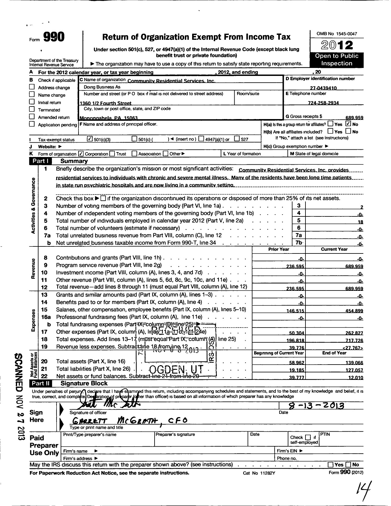 Image of first page of 2012 Form 990 for Community Residential Services