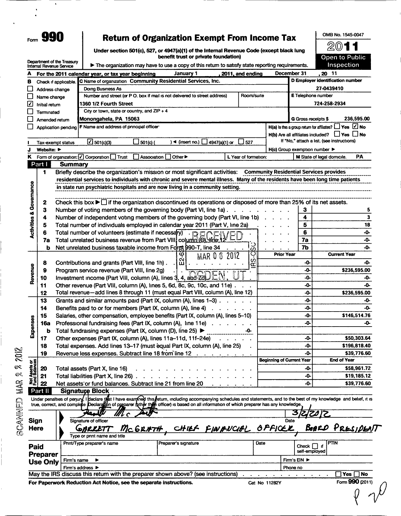 Image of first page of 2011 Form 990 for Community Residential Services