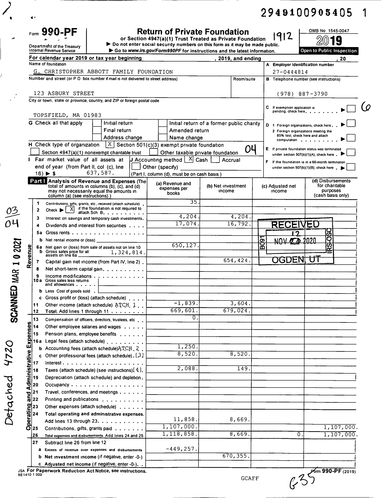 Image of first page of 2019 Form 990PF for G Christopher Abbott Family Foundation