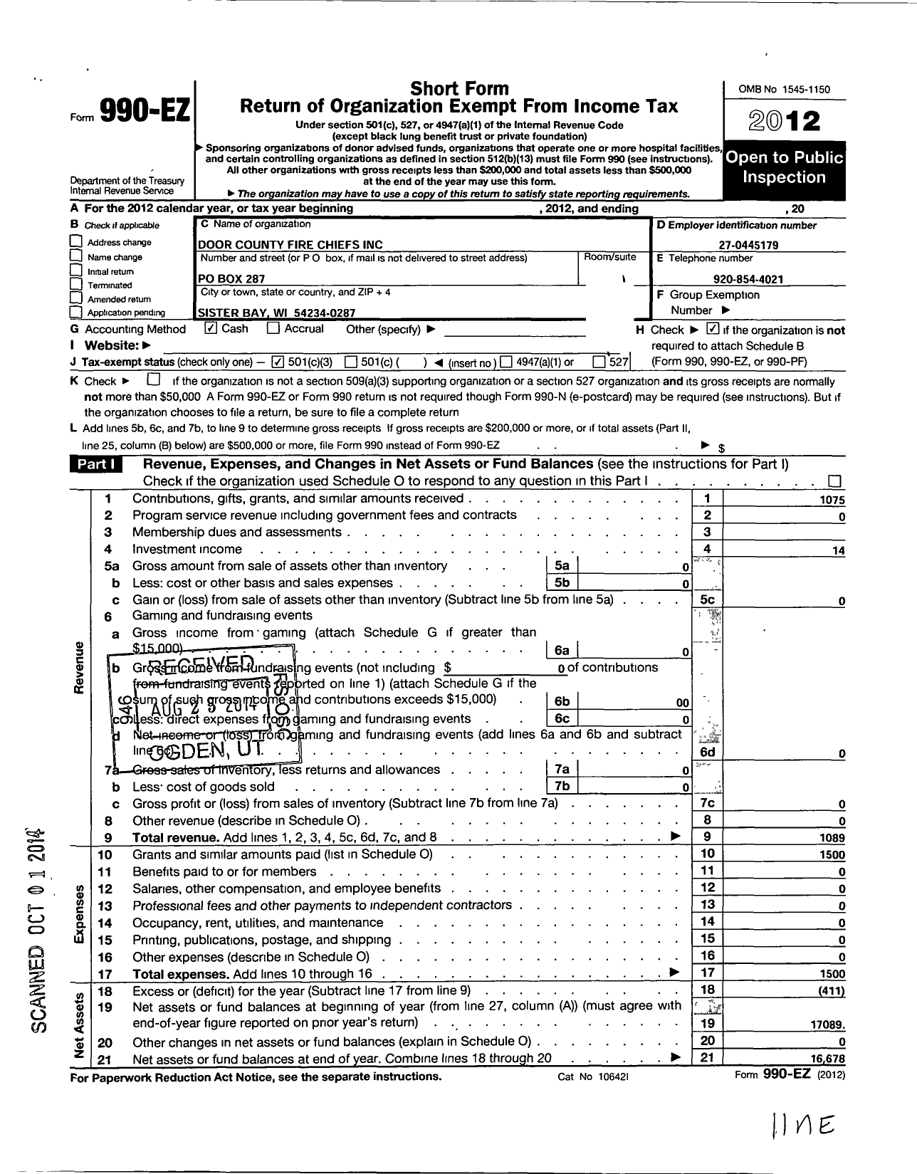 Image of first page of 2012 Form 990EZ for Door County Fire Chiefs