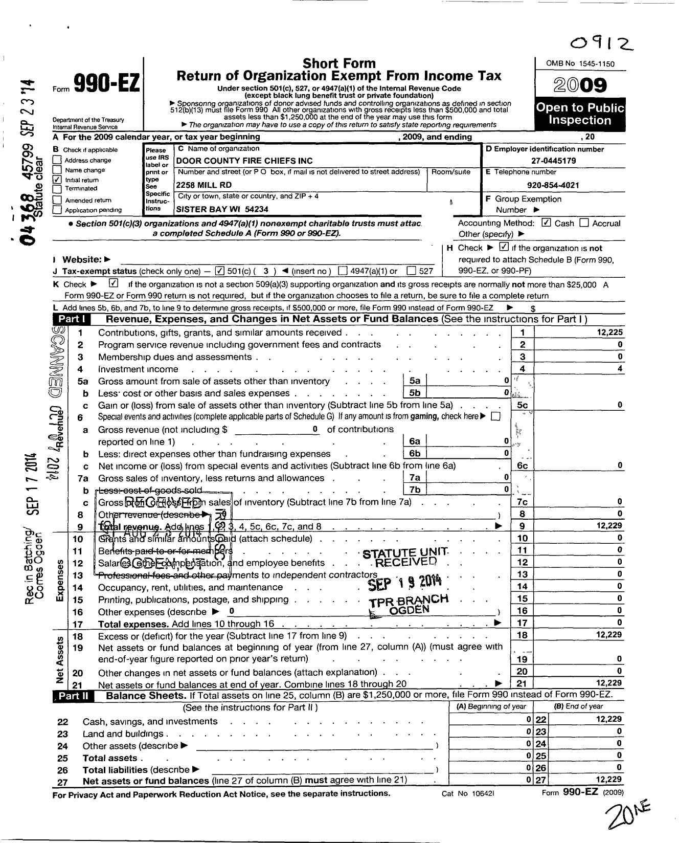 Image of first page of 2009 Form 990EZ for Door County Fire Chiefs