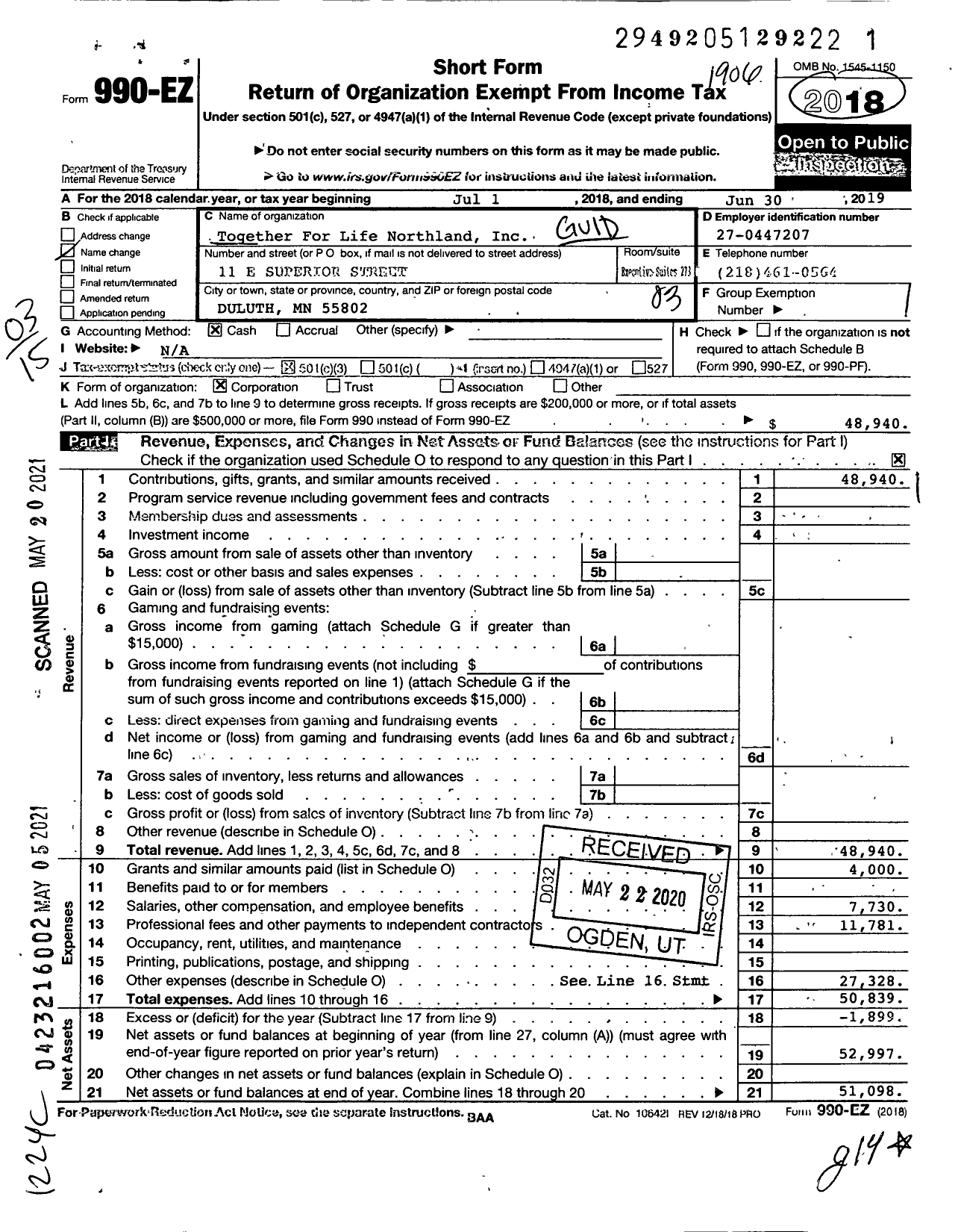 Image of first page of 2018 Form 990EZ for Star of the Northland Maternity Home