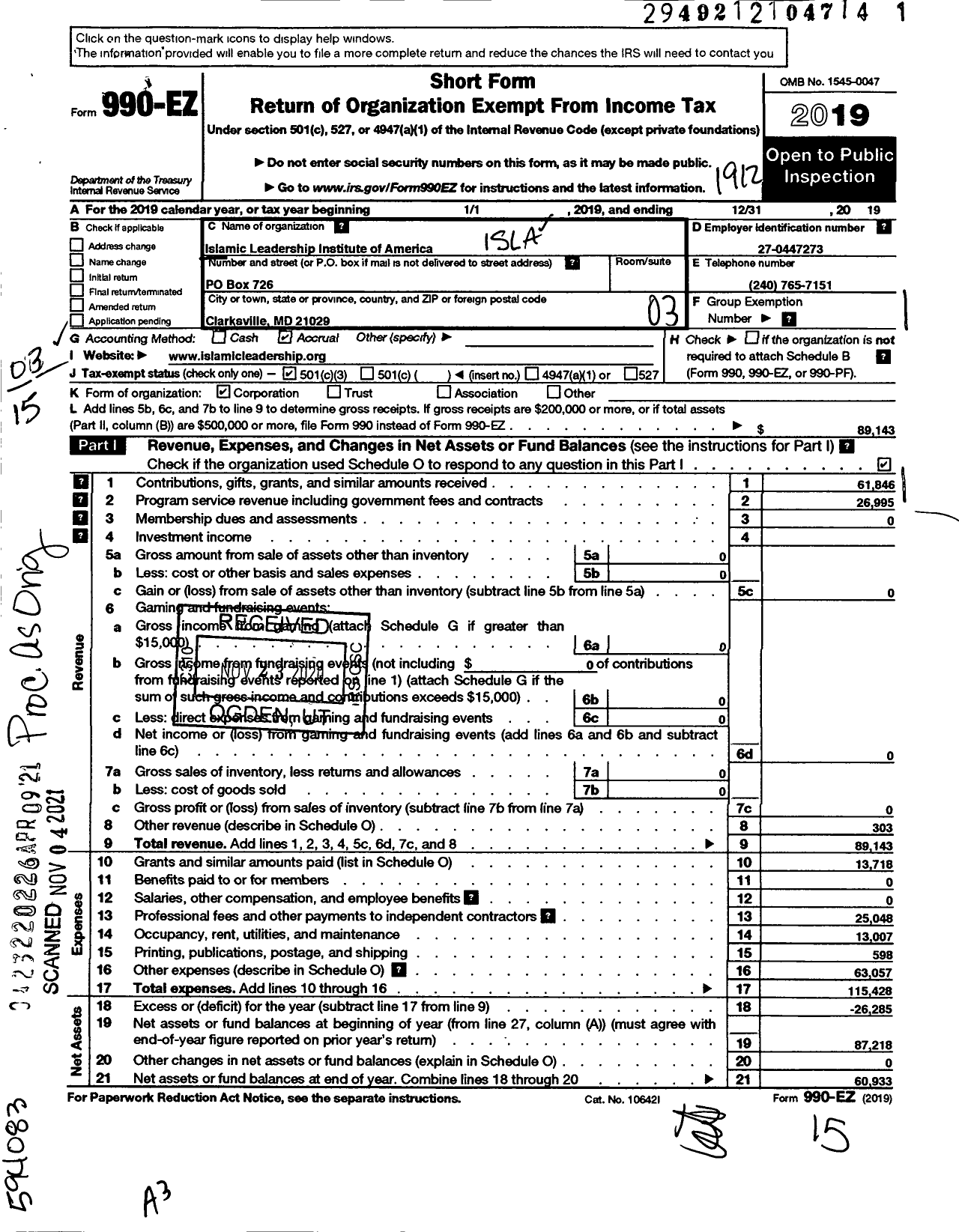 Image of first page of 2019 Form 990EZ for Islamic Leadership Institute of America