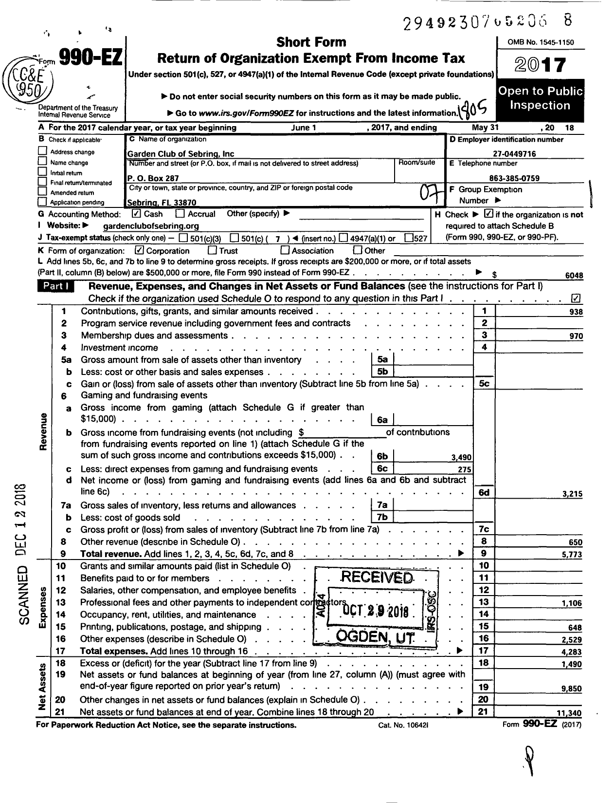 Image of first page of 2017 Form 990EO for Garden Club of Sebring