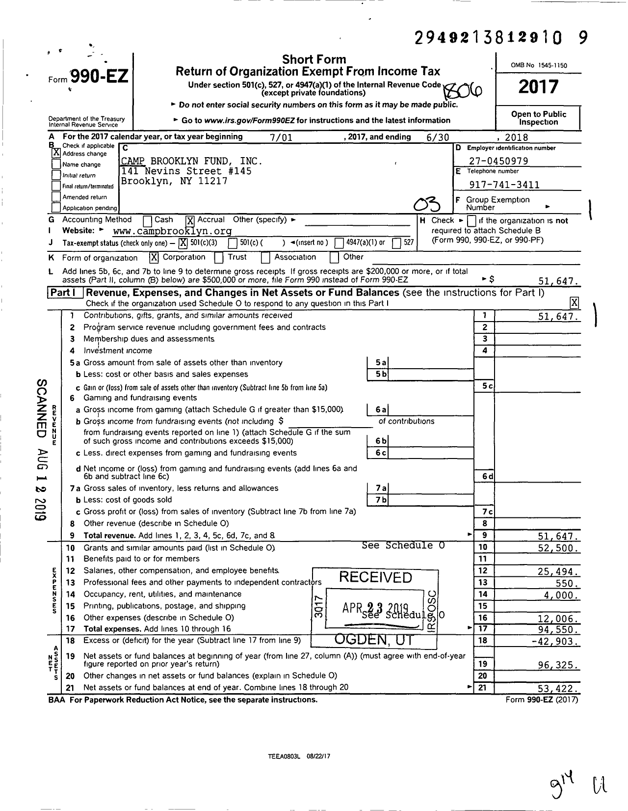 Image of first page of 2017 Form 990EZ for Camp Brooklyn Fund