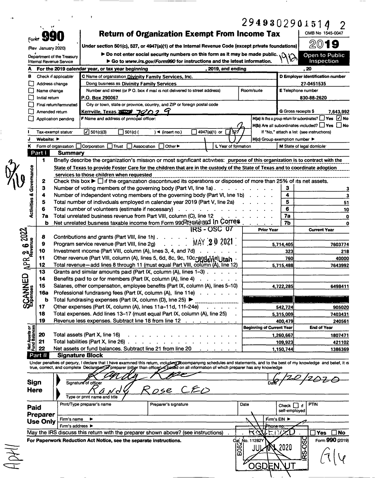 Image of first page of 2019 Form 990 for Divinity Family Services