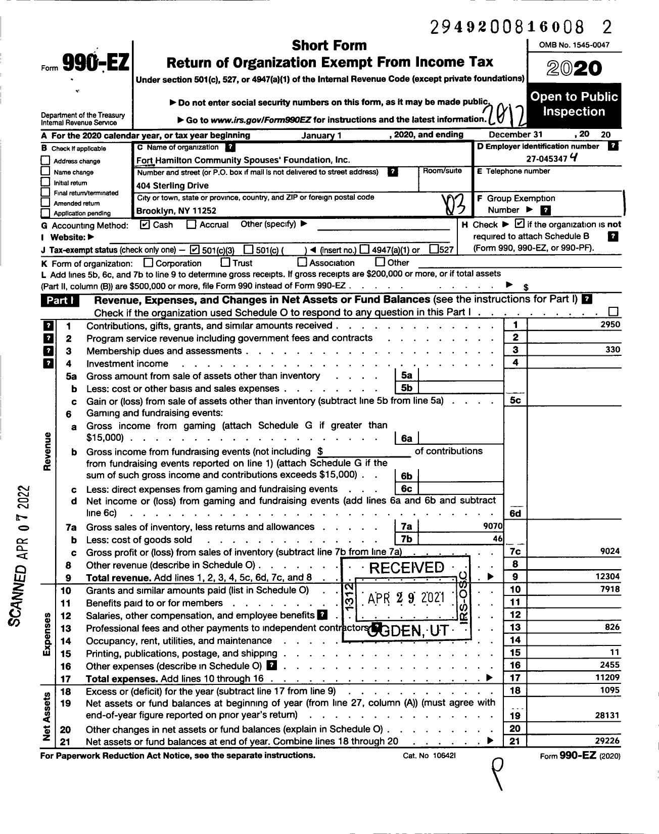 Image of first page of 2020 Form 990EZ for Fort Hamilton Community Spouses Foundation