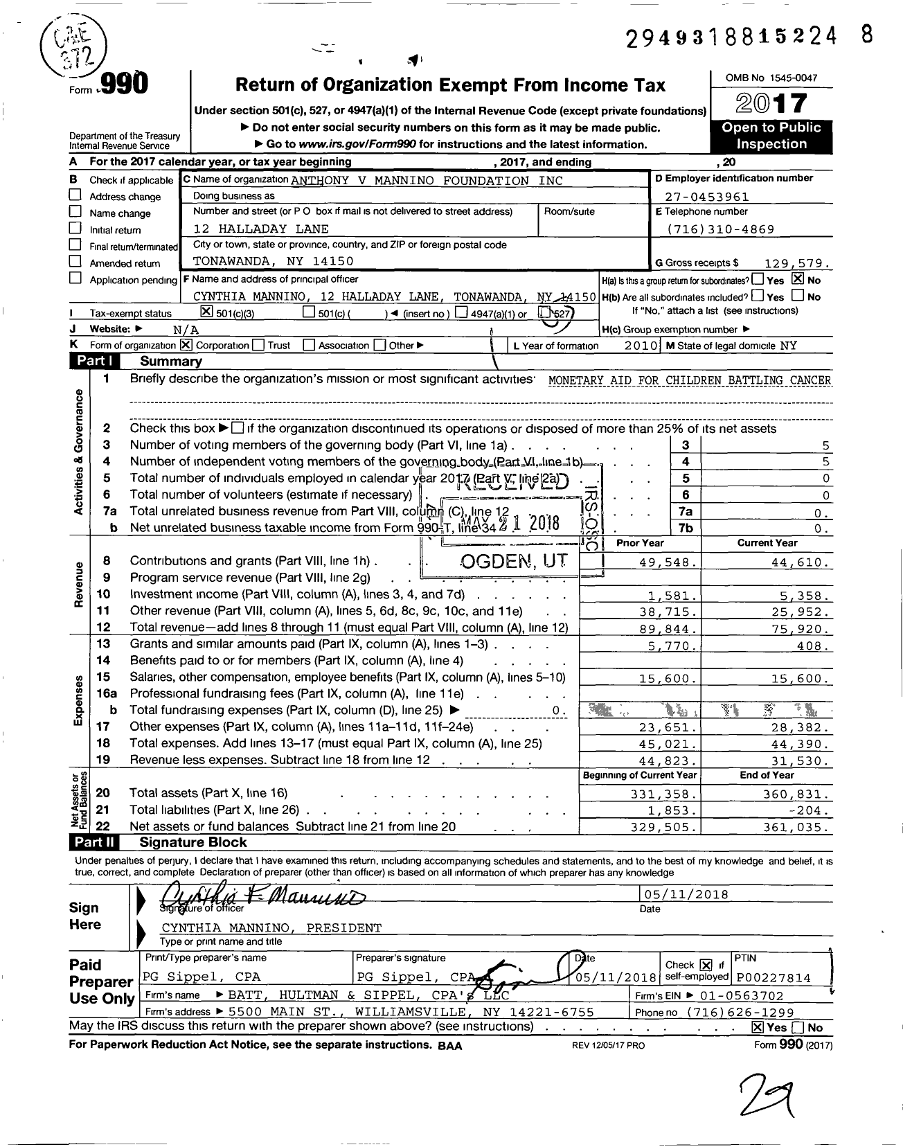 Image of first page of 2017 Form 990 for Anthony V Mannino Foundation