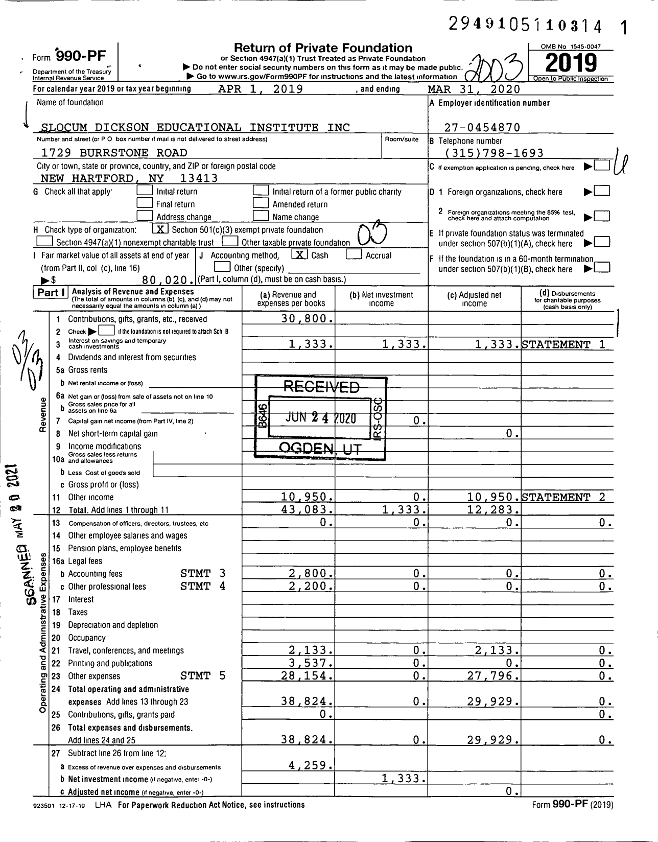 Image of first page of 2019 Form 990PF for Slocum Dickson Educational Institute