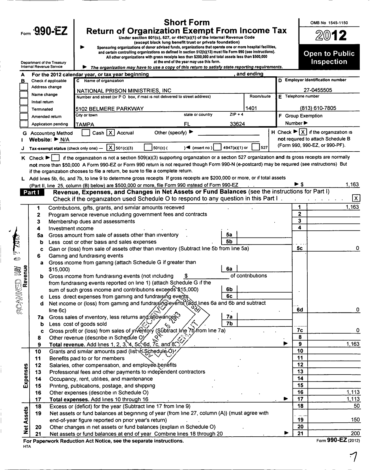 Image of first page of 2012 Form 990EZ for National Prison Ministries