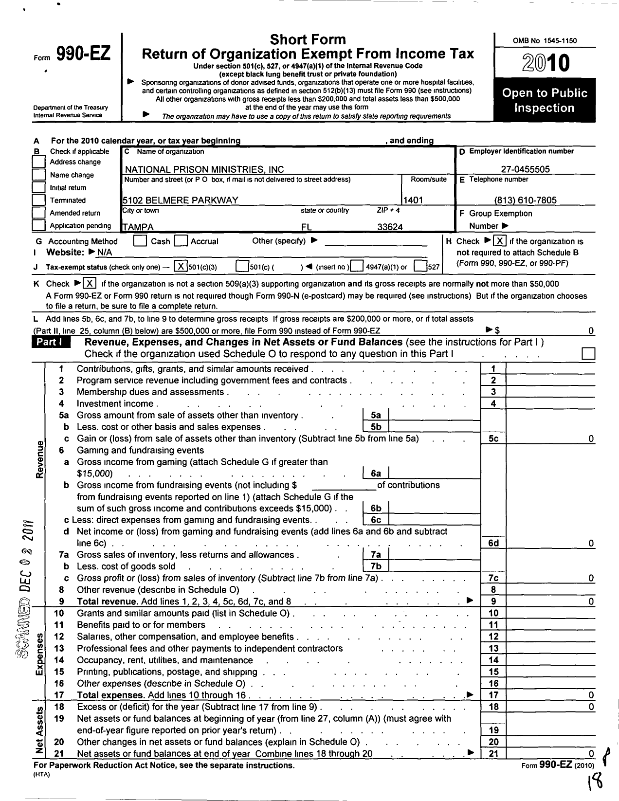 Image of first page of 2010 Form 990EZ for National Prison Ministries