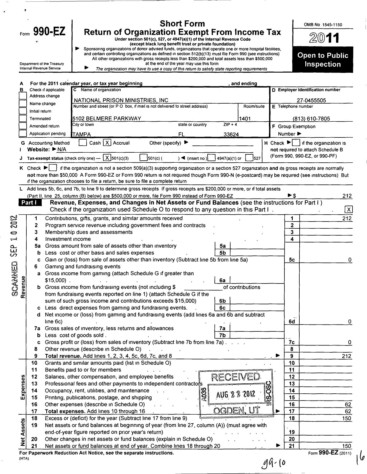 Image of first page of 2011 Form 990EZ for National Prison Ministries