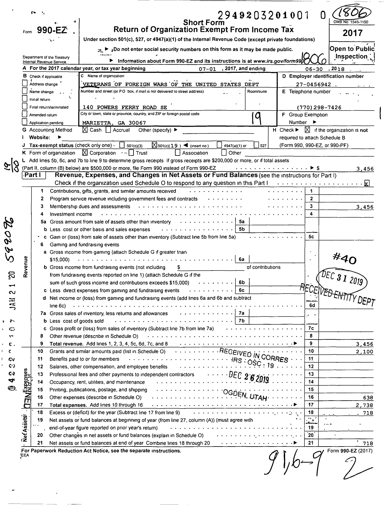 Image of first page of 2017 Form 990EO for Veterans of Foreign Wars of the United States Dept of Georgia - 1 District VFW