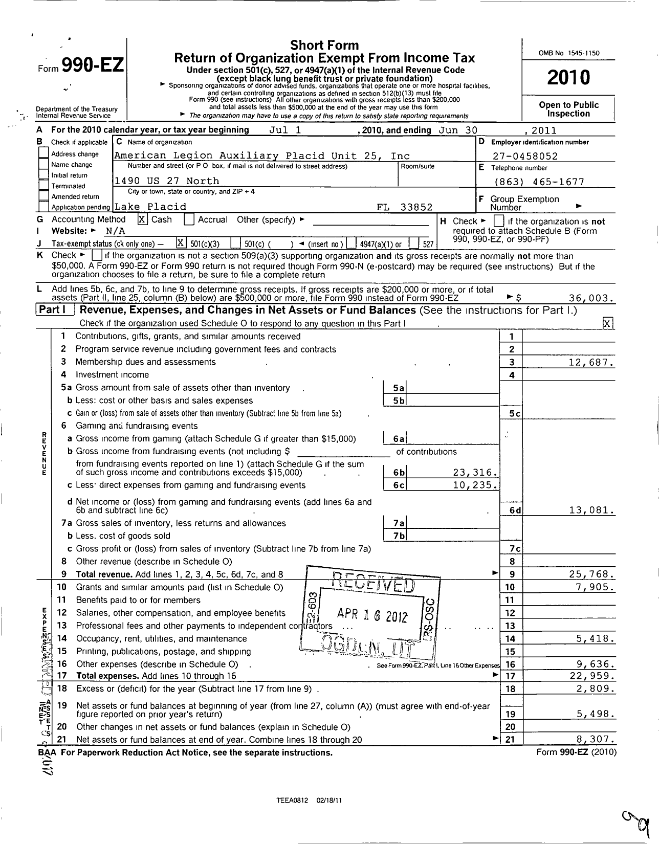 Image of first page of 2010 Form 990EZ for American Legion Auxiliary Placid Unit 25