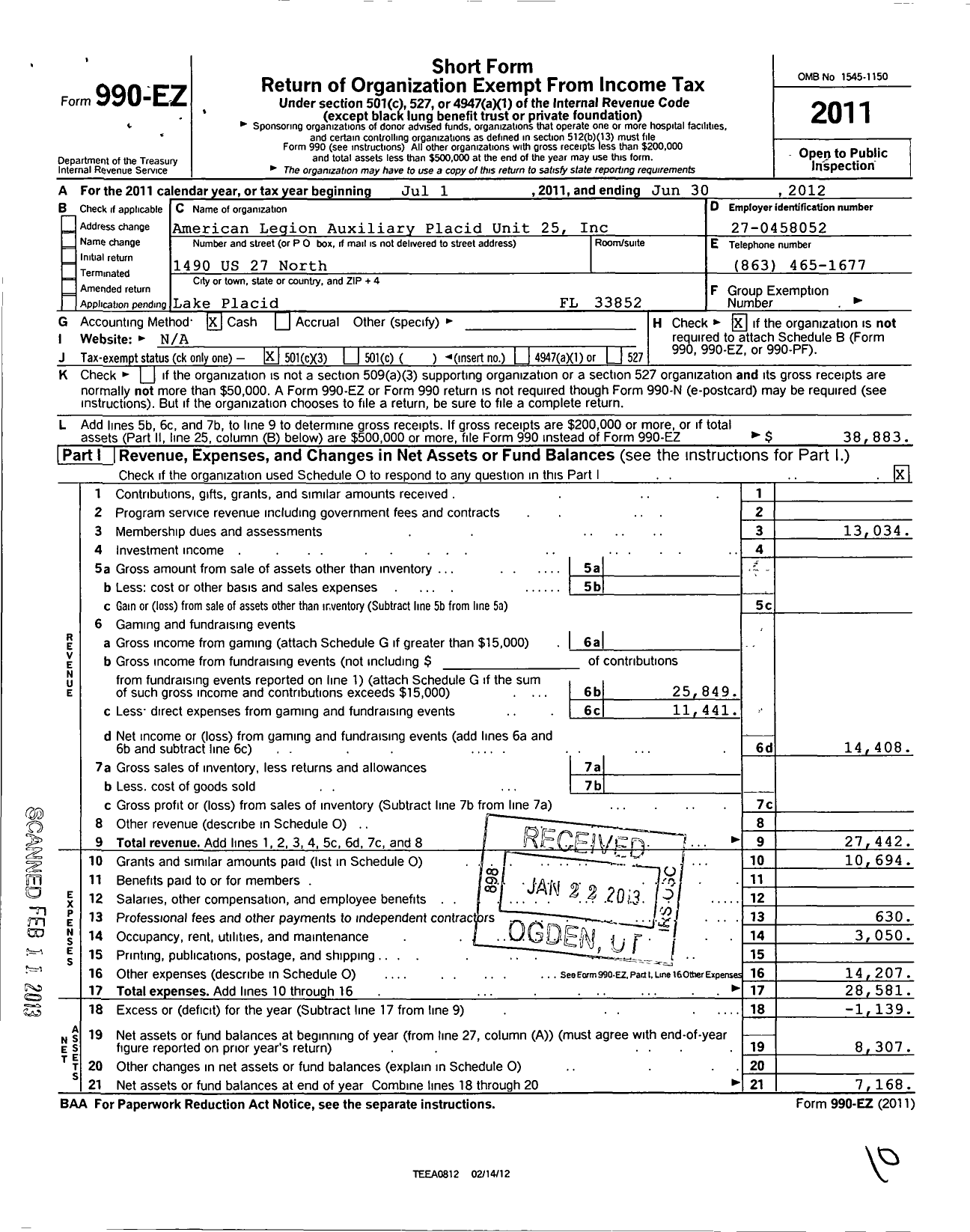 Image of first page of 2011 Form 990EZ for American Legion Auxiliary Placid Unit 25