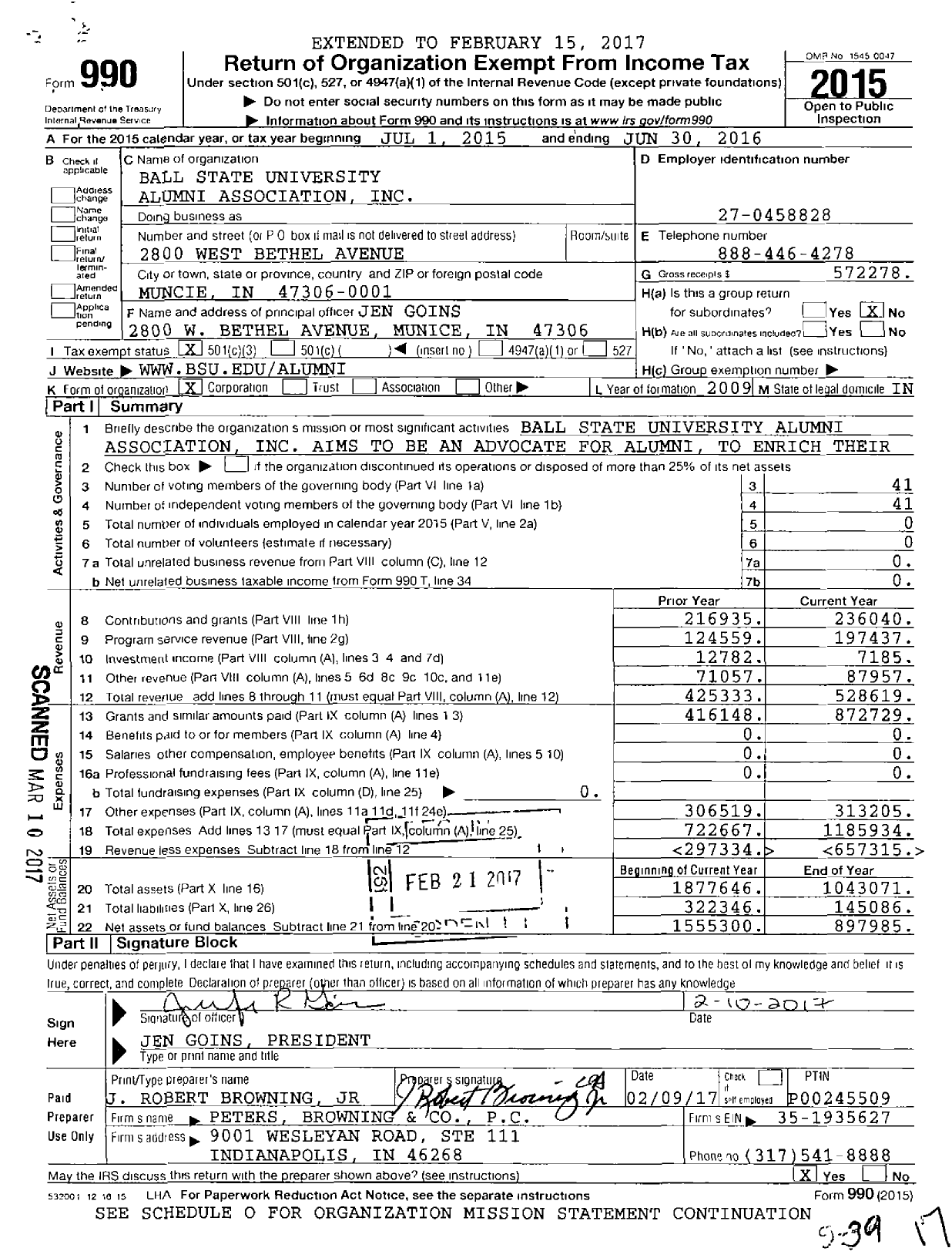 Image of first page of 2015 Form 990 for Ball State University Alumni Association