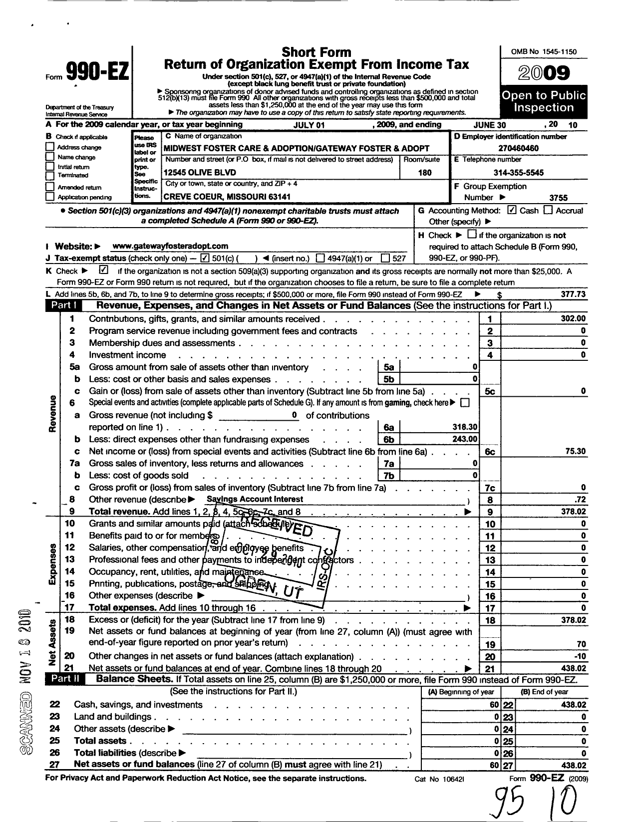 Image of first page of 2009 Form 990EO for Gateway Foster and Adoptive Care Association of Greater St Louis