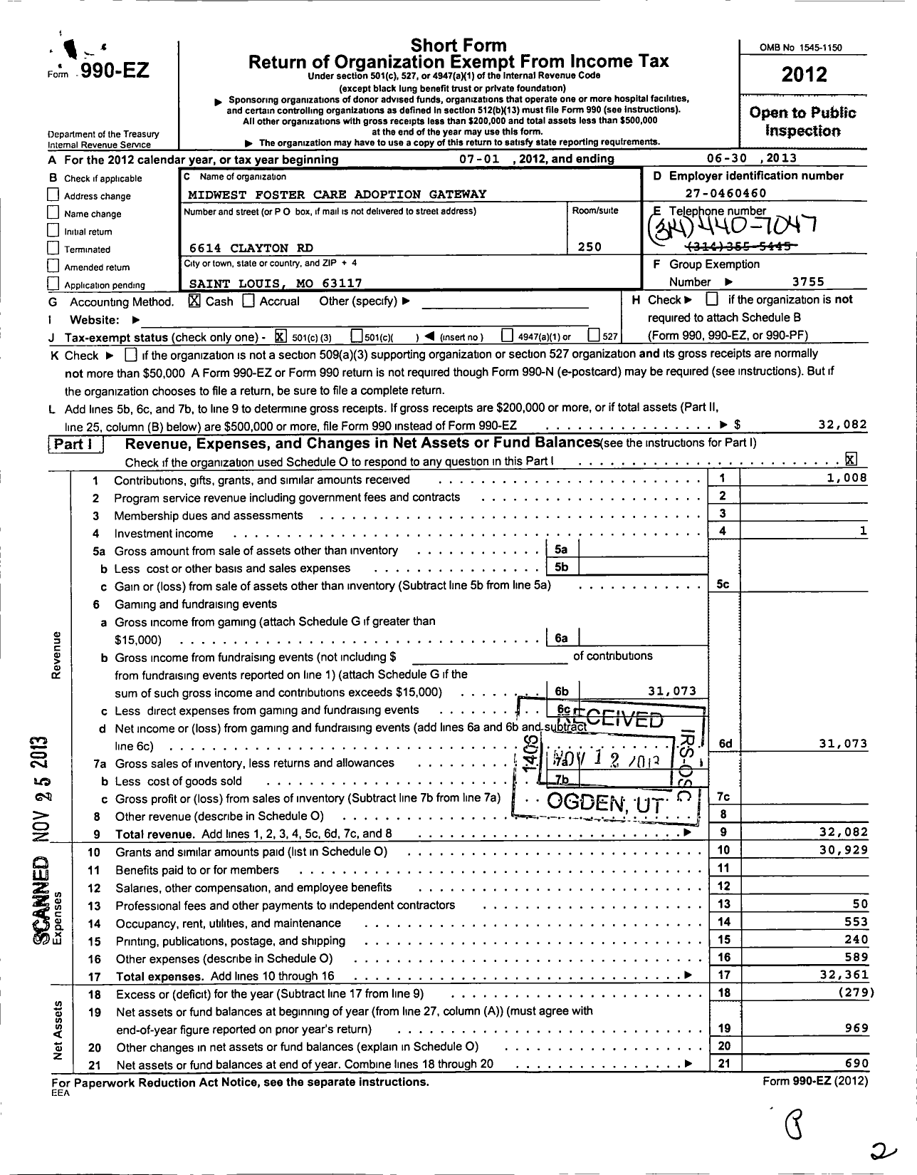 Image of first page of 2012 Form 990EZ for Gateway Foster and Adoptive Care Association of Greater St Louis