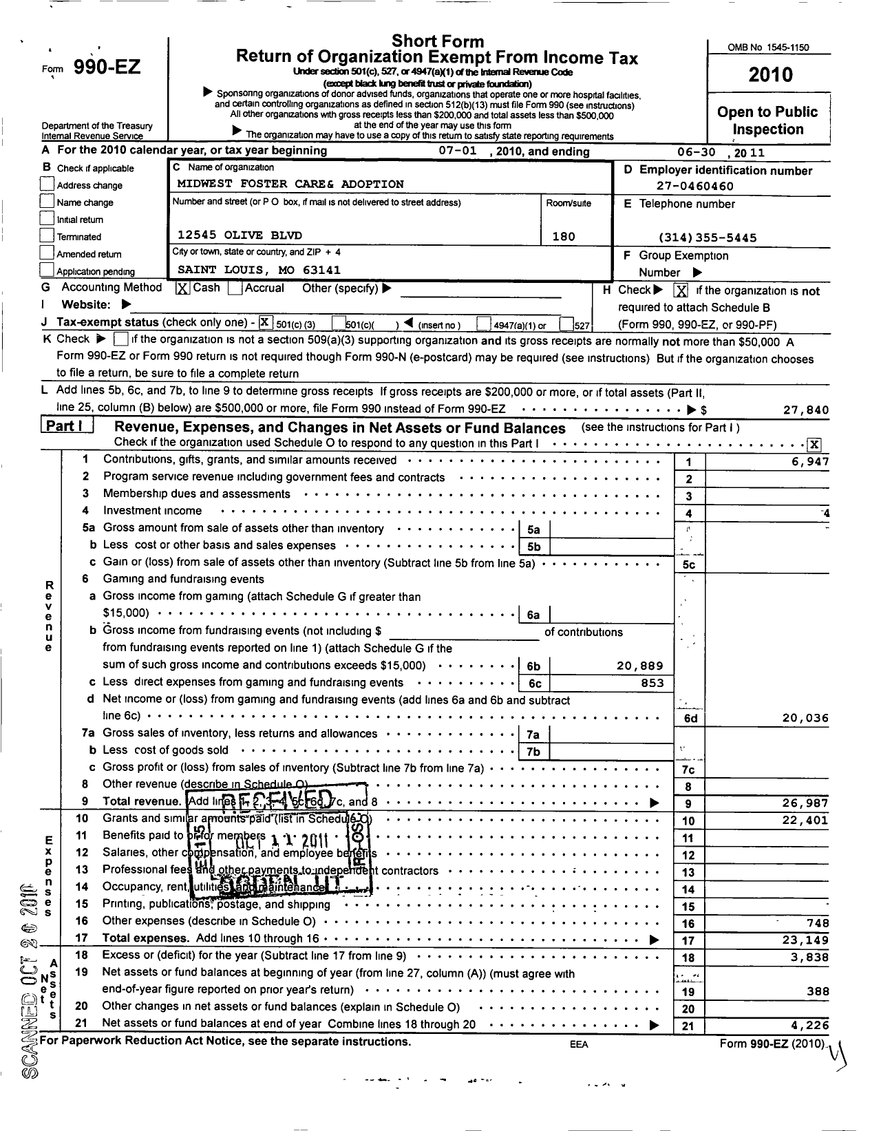 Image of first page of 2010 Form 990EZ for Gateway Foster and Adoptive Care Association of Greater St Louis