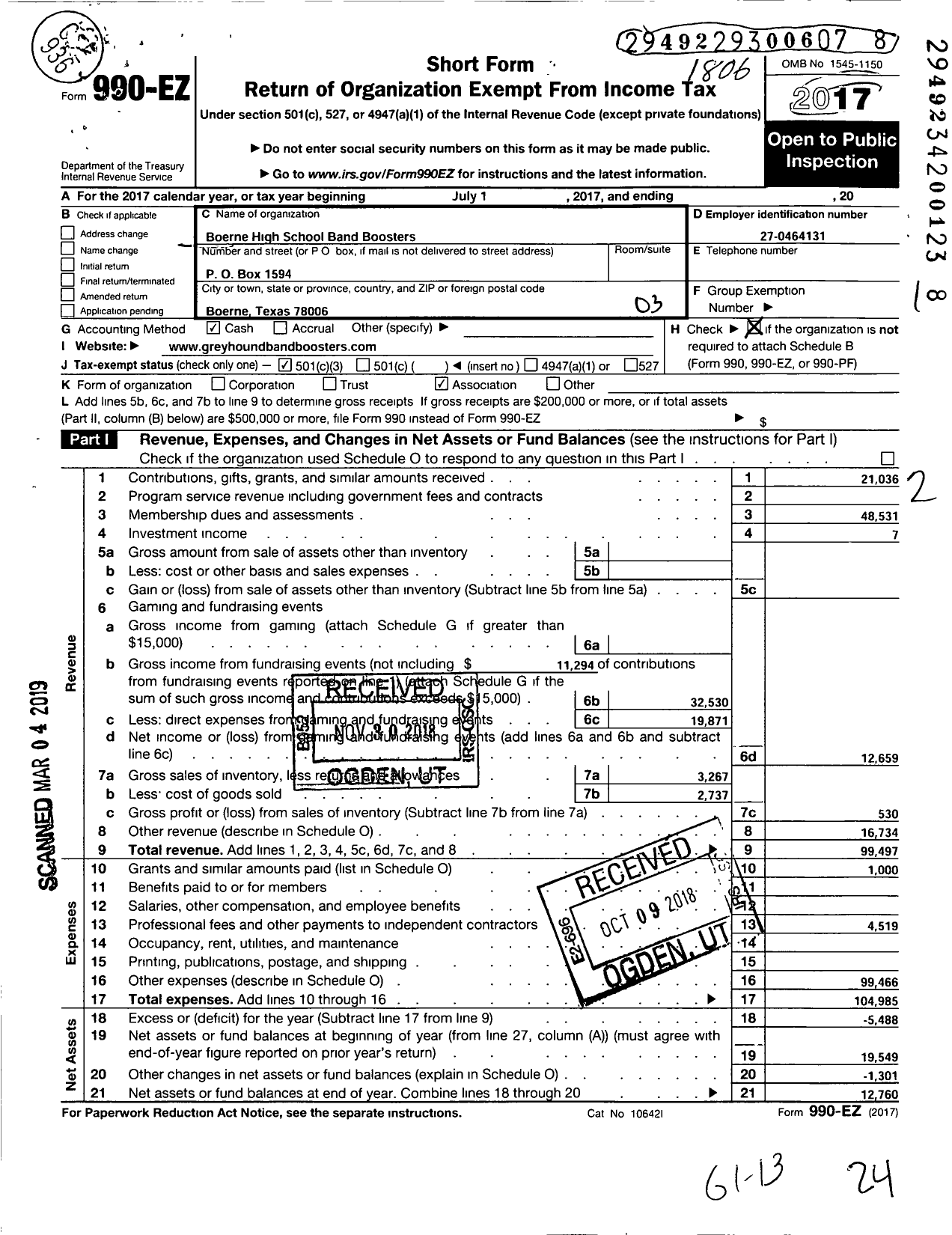 Image of first page of 2017 Form 990EZ for Boerne High School Band Boosters