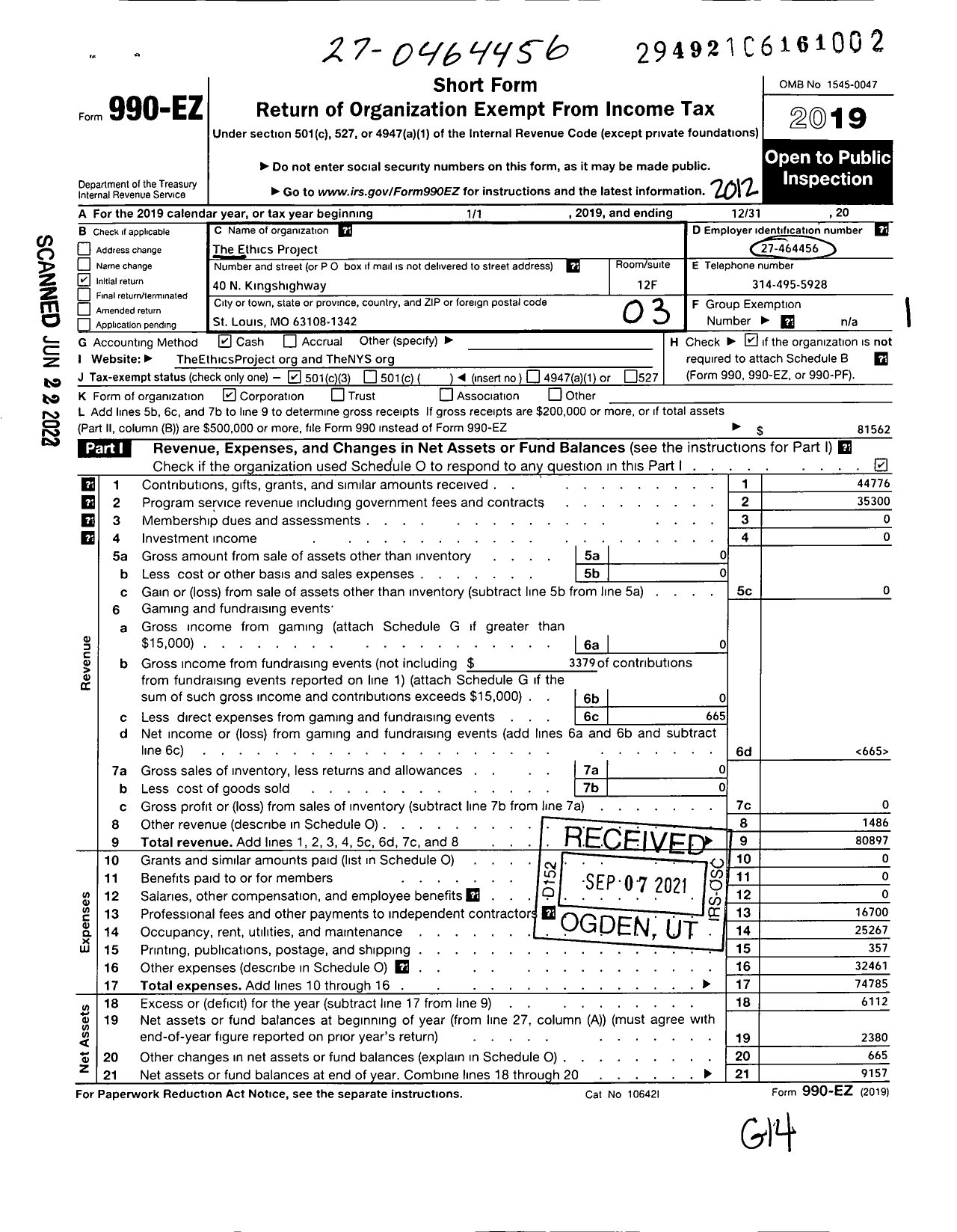 Image of first page of 2020 Form 990EZ for The ETHICS PROJECT