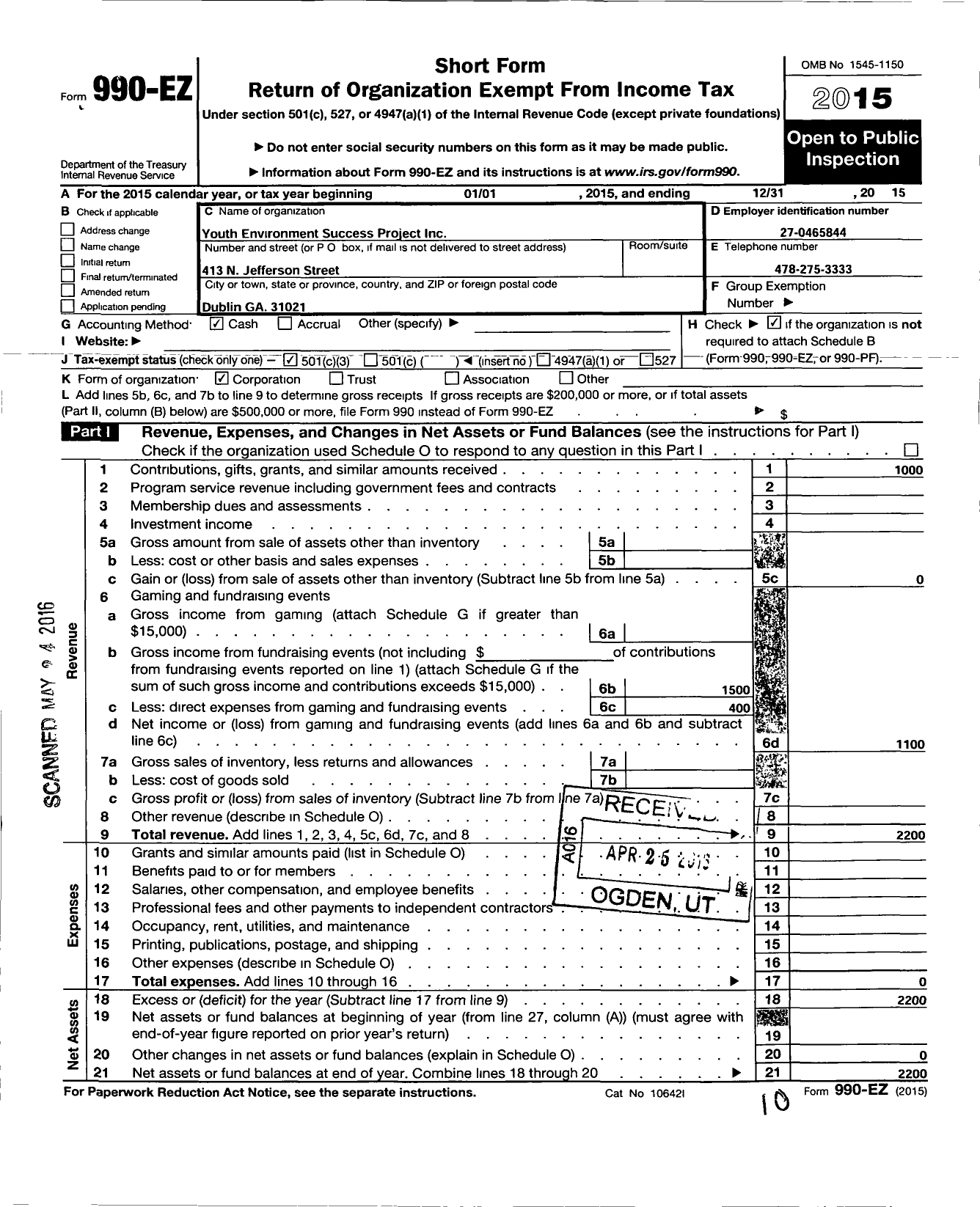 Image of first page of 2015 Form 990EZ for Youth Environment Success Project