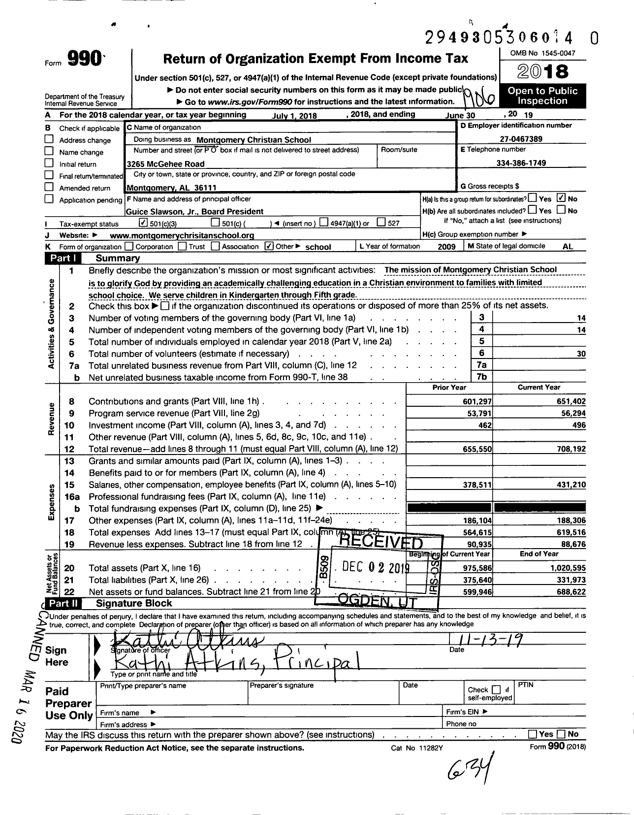 Image of first page of 2018 Form 990 for Montgomery Christian School