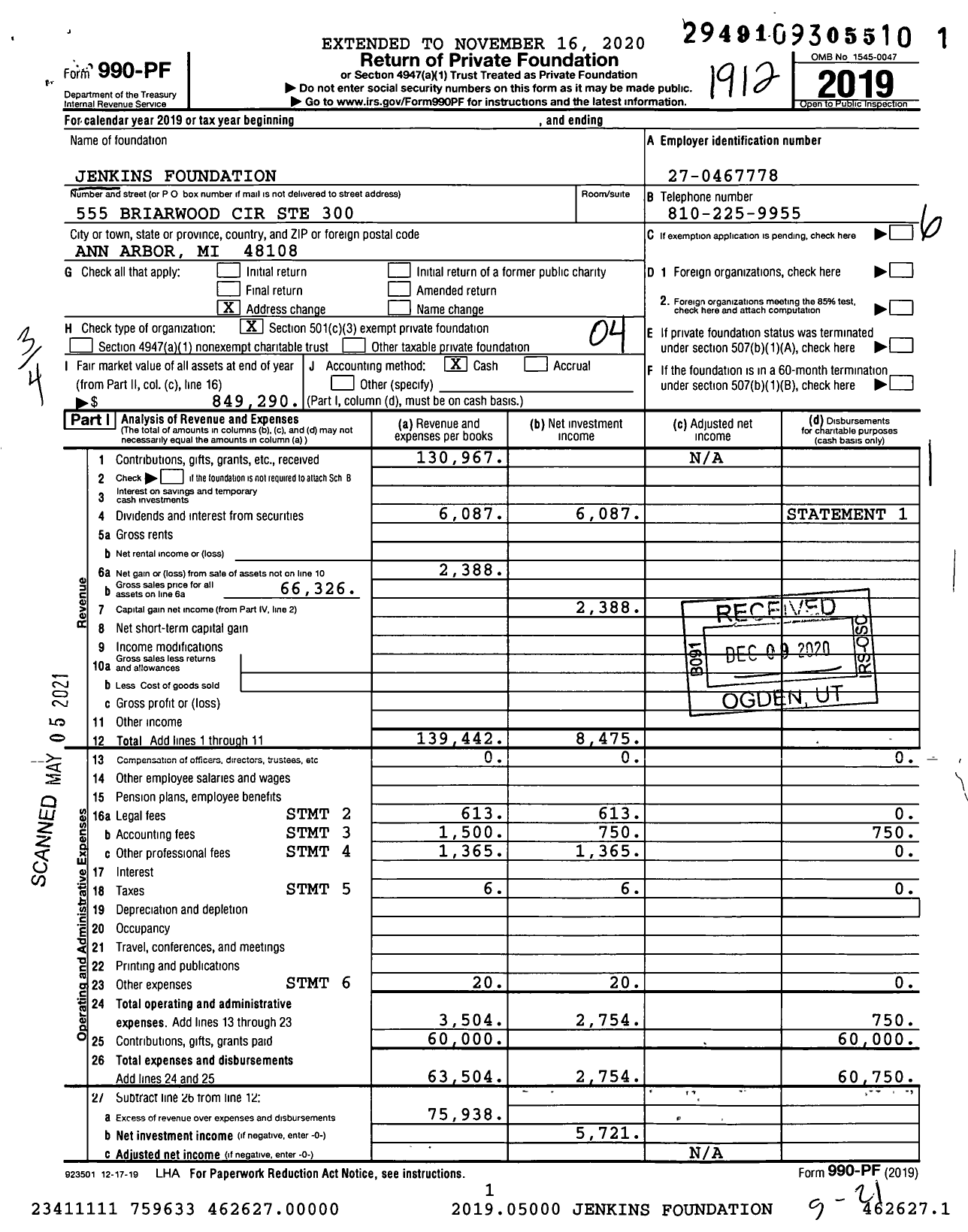 Image of first page of 2019 Form 990PF for Jenkins Foundation