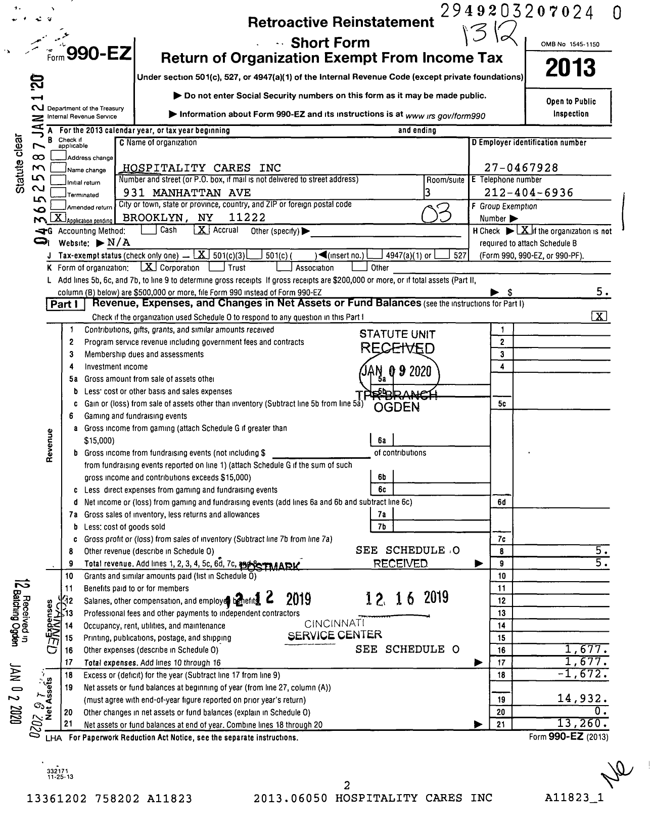 Image of first page of 2013 Form 990EZ for Hospitality Cares