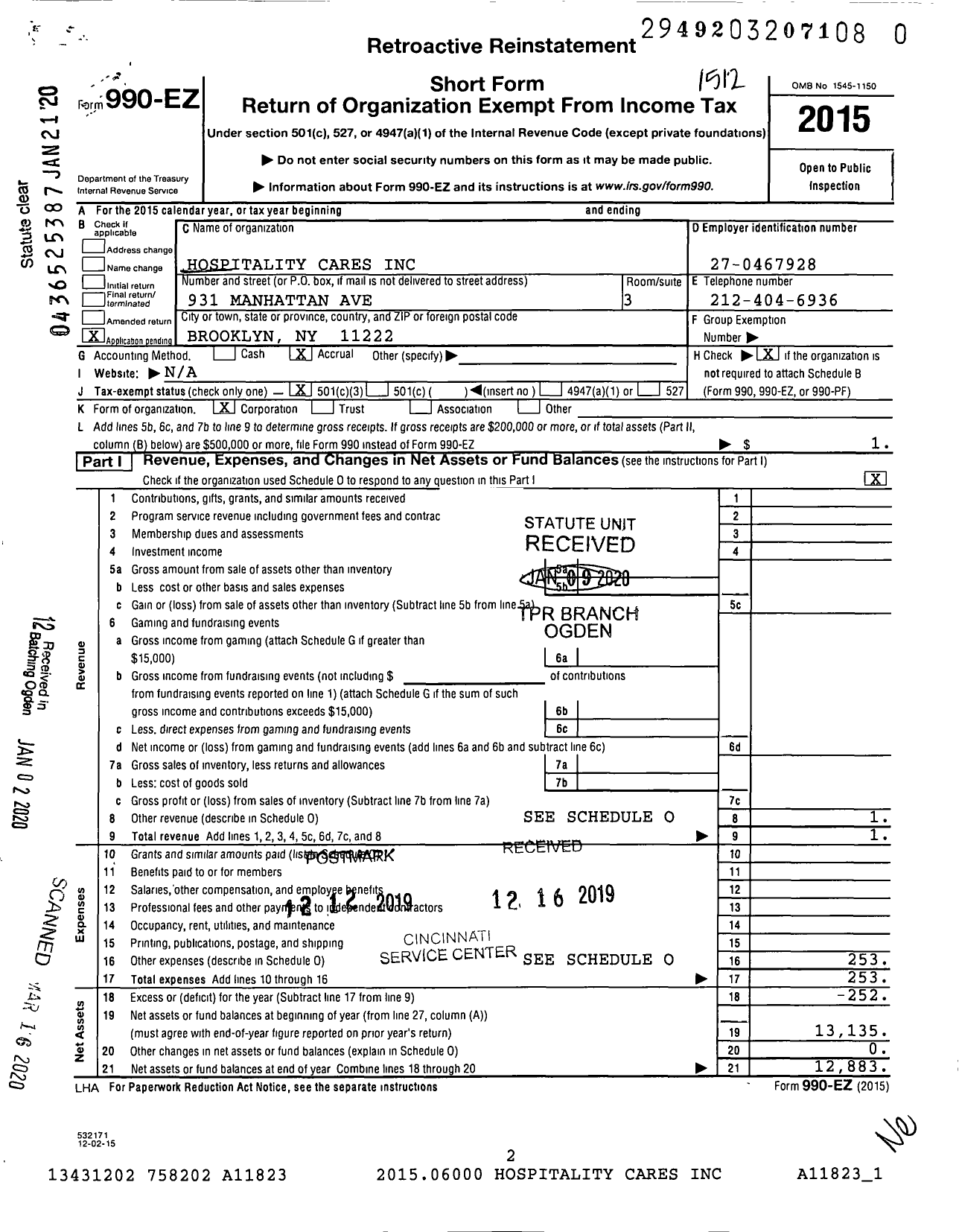 Image of first page of 2015 Form 990EZ for Hospitality Cares