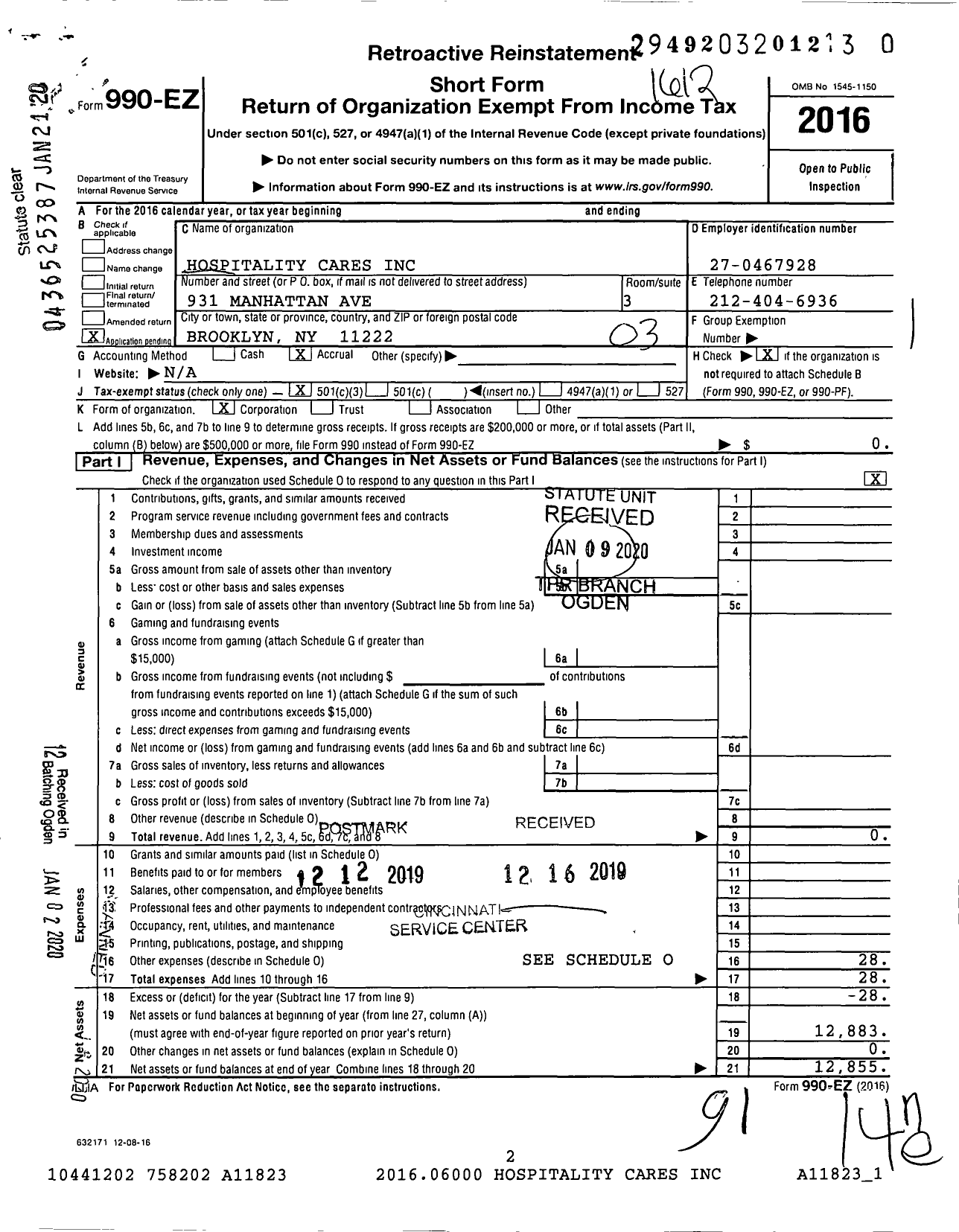 Image of first page of 2016 Form 990EZ for Hospitality Cares
