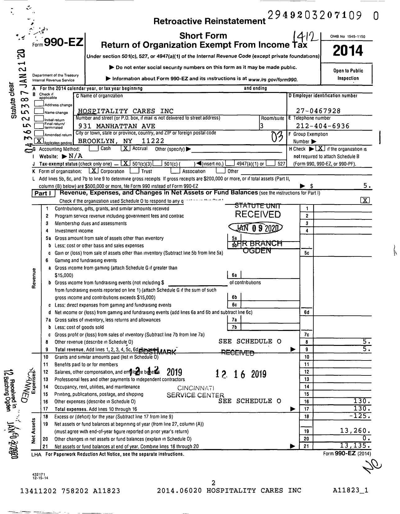 Image of first page of 2014 Form 990EZ for Hospitality Cares
