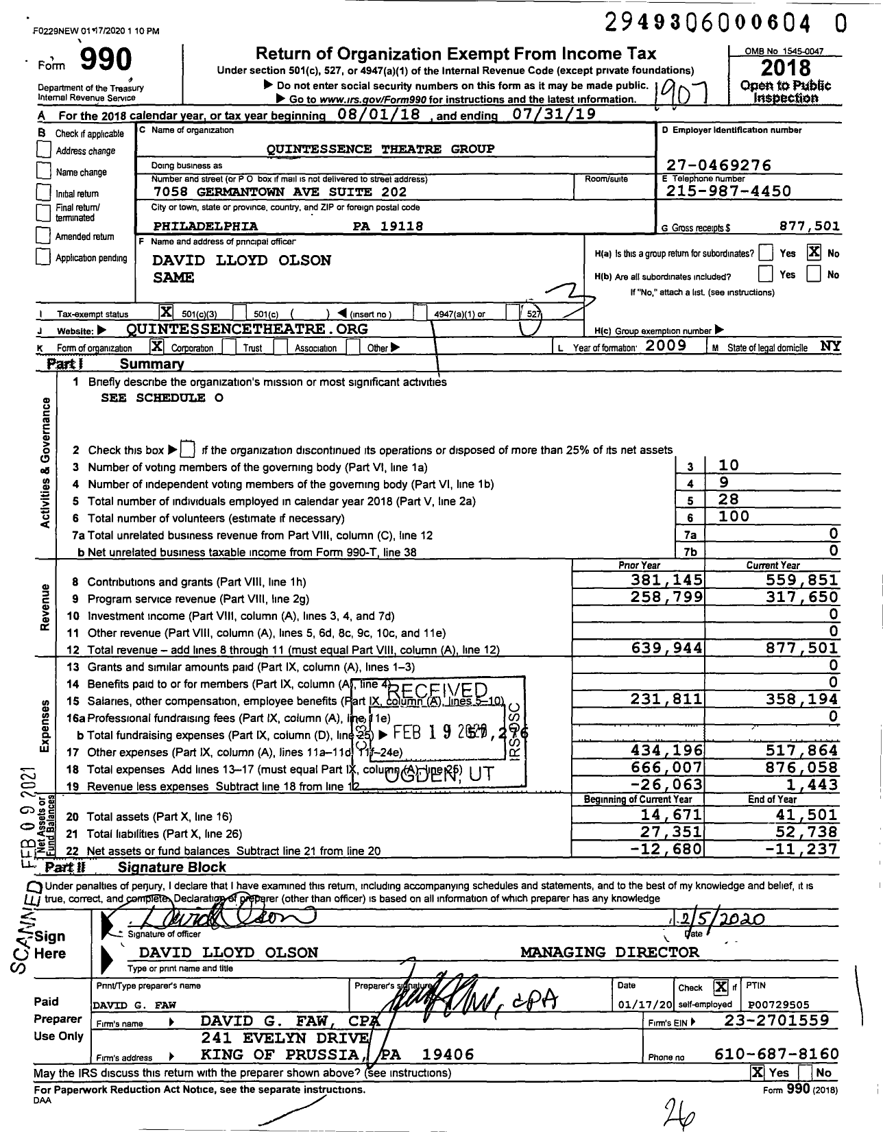 Image of first page of 2018 Form 990 for Quintessence Theatre Group